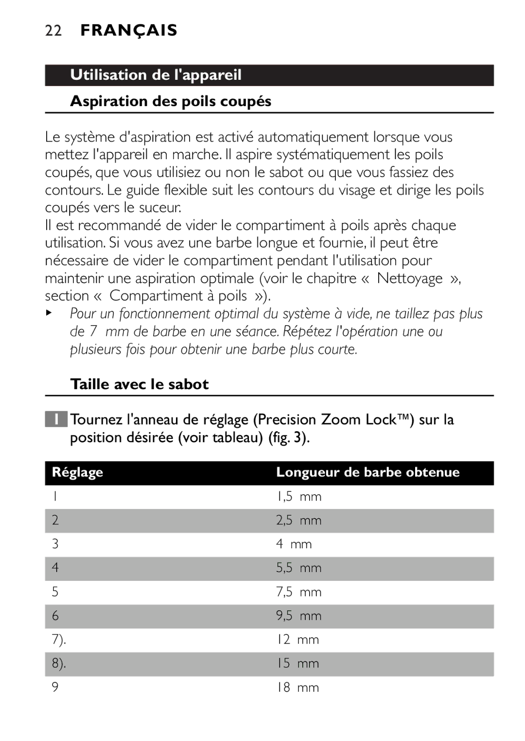 Philips QT4045 manual Utilisation de lappareil, Aspiration des poils coupés, Taille avec le sabot 