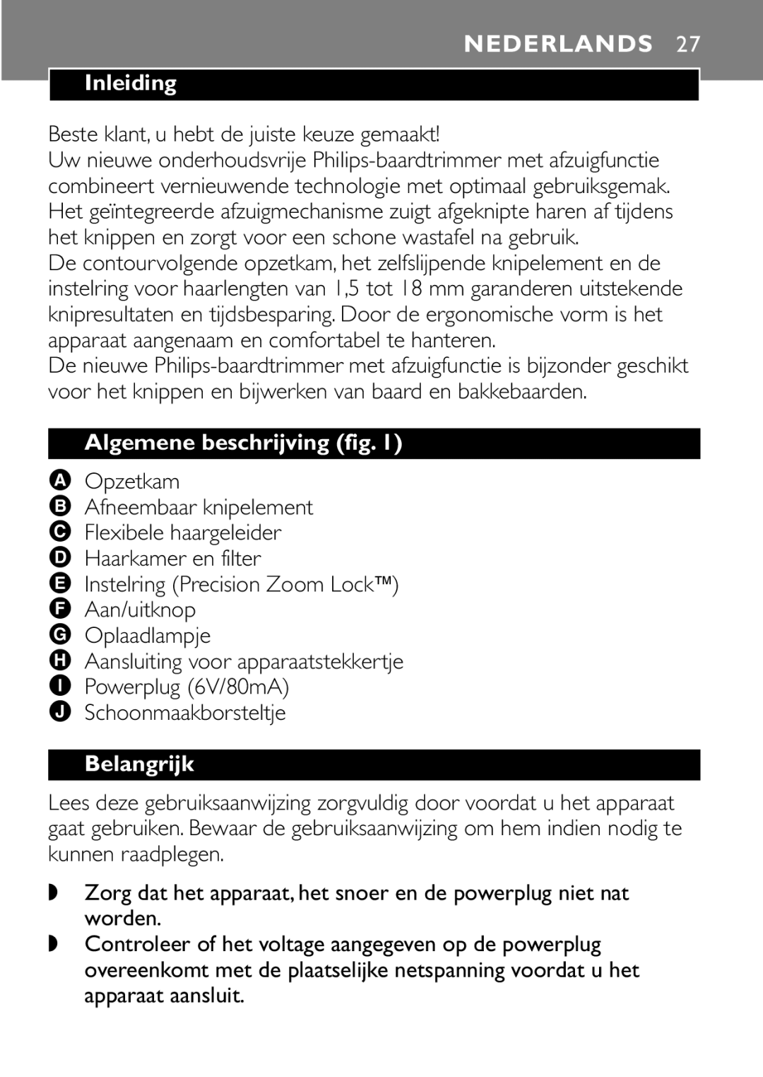 Philips QT4045 manual Nederlands, Inleiding, Algemene beschrijving fig, Belangrijk 