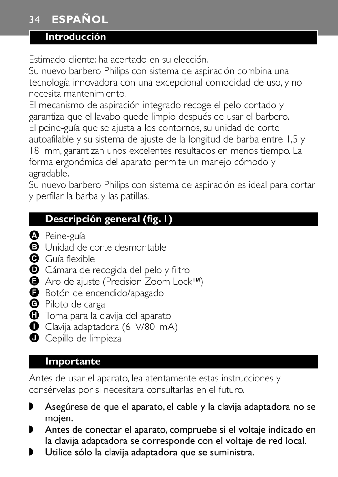 Philips QT4045 manual Español, Introducción, Descripción general fig, Importante 