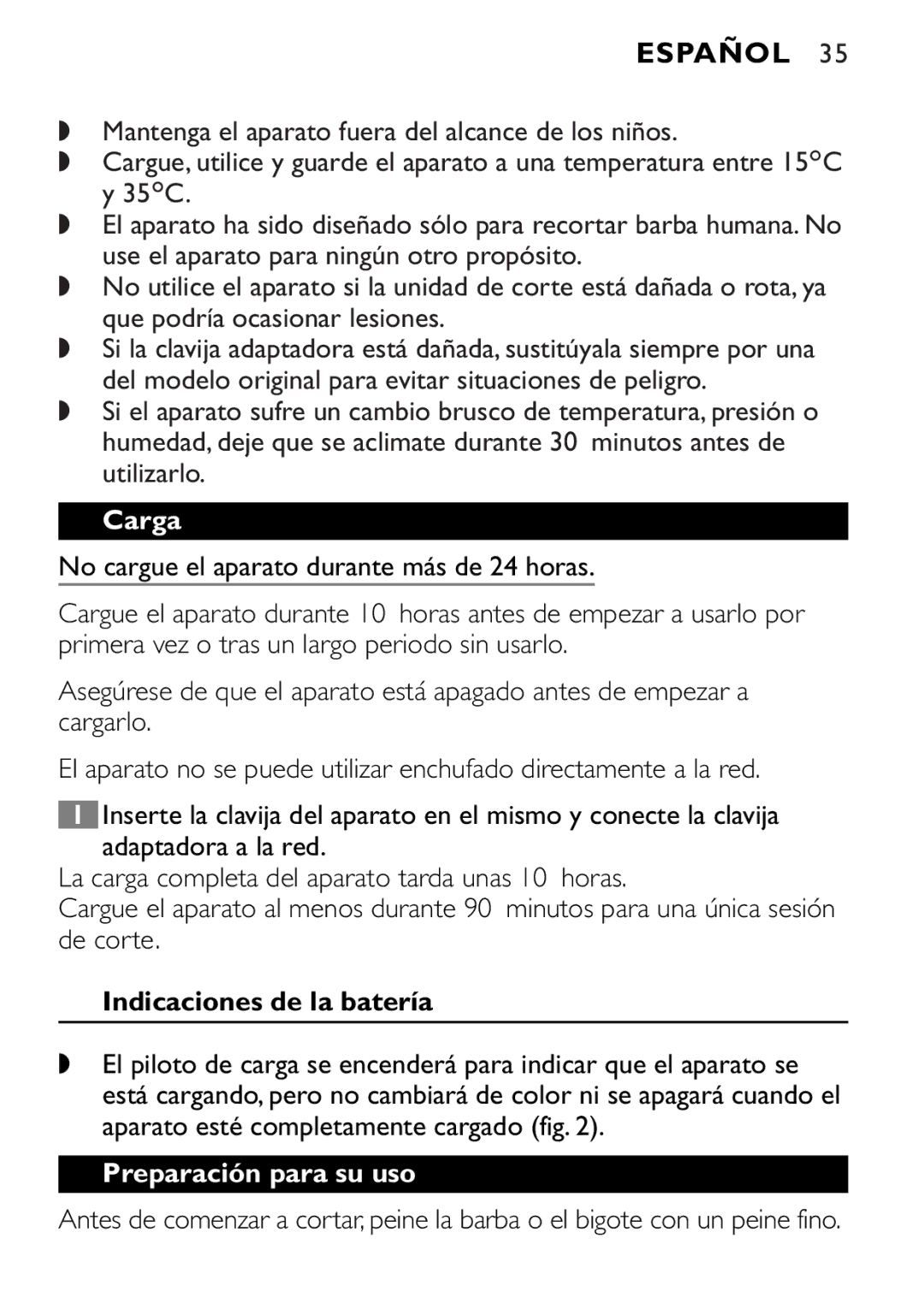 Philips QT4045 manual Español, Carga, Indicaciones de la batería, Preparación para su uso 