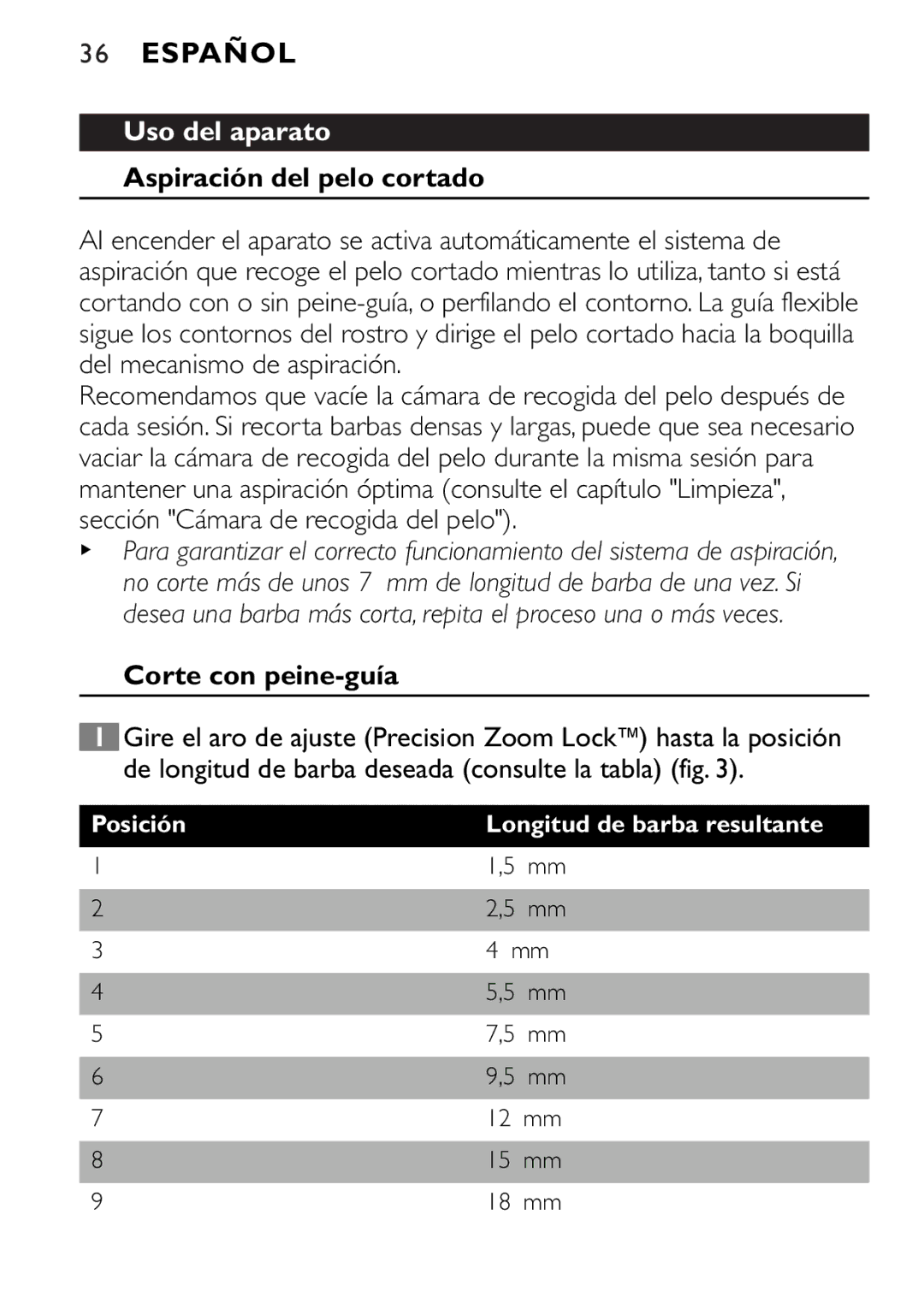 Philips QT4045 manual Uso del aparato, Aspiración del pelo cortado, Corte con peine-guía 