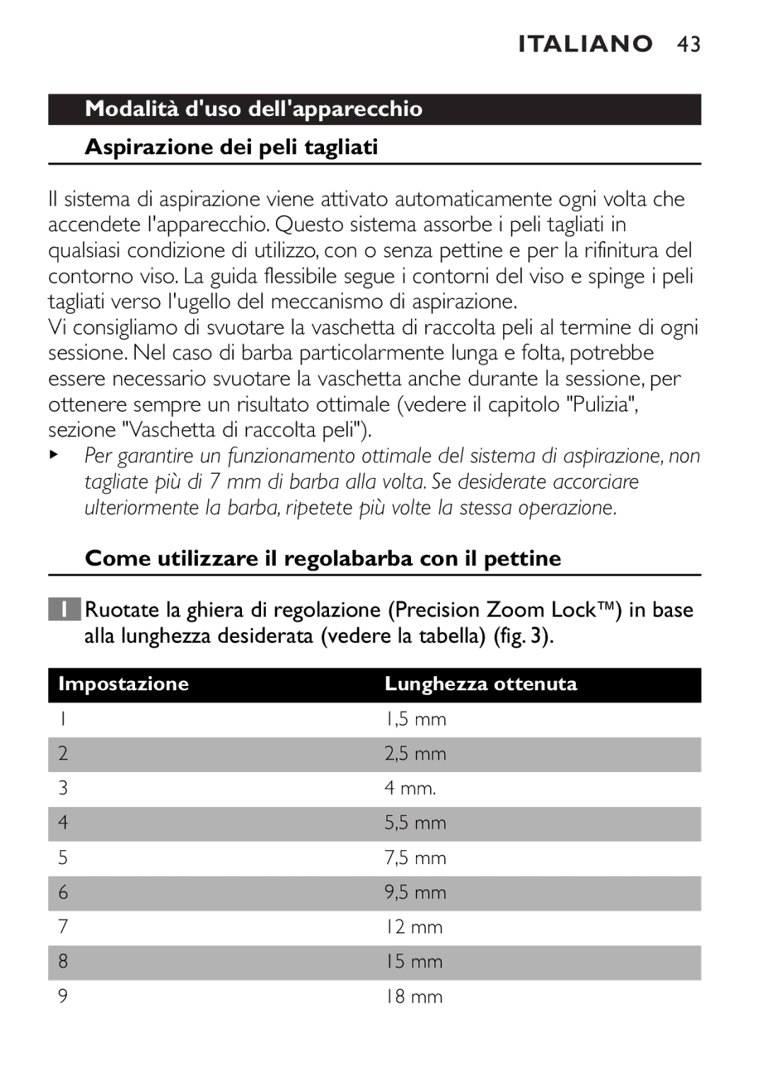 Philips QT4045 Modalità duso dellapparecchio, Aspirazione dei peli tagliati, Come utilizzare il regolabarba con il pettine 