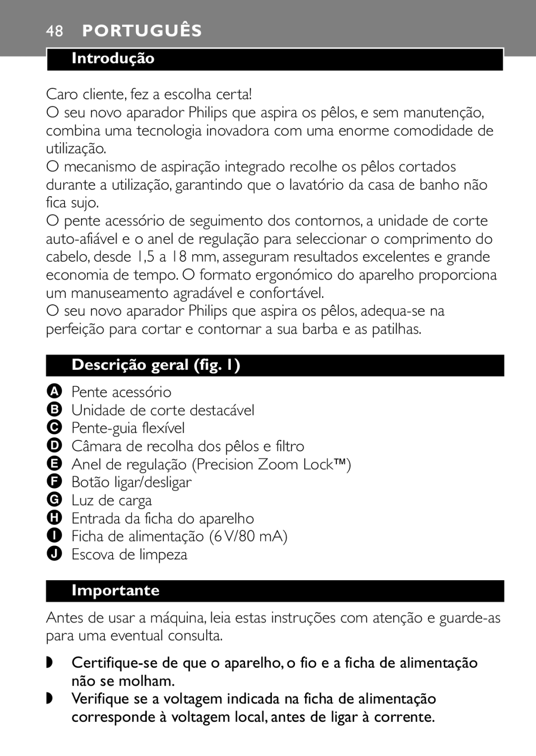 Philips QT4045 manual Português, Introdução, Descrição geral fig, Pente acessório 