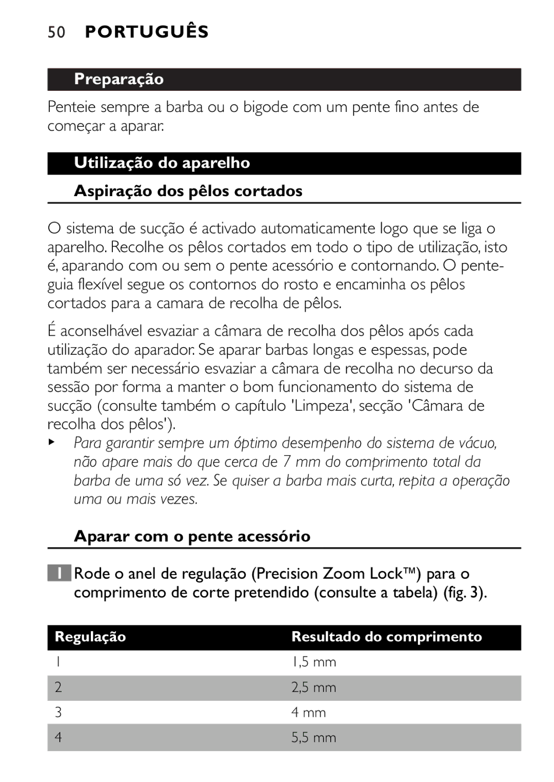 Philips QT4045 manual Preparação, Utilização do aparelho, Aspiração dos pêlos cortados, Aparar com o pente acessório 