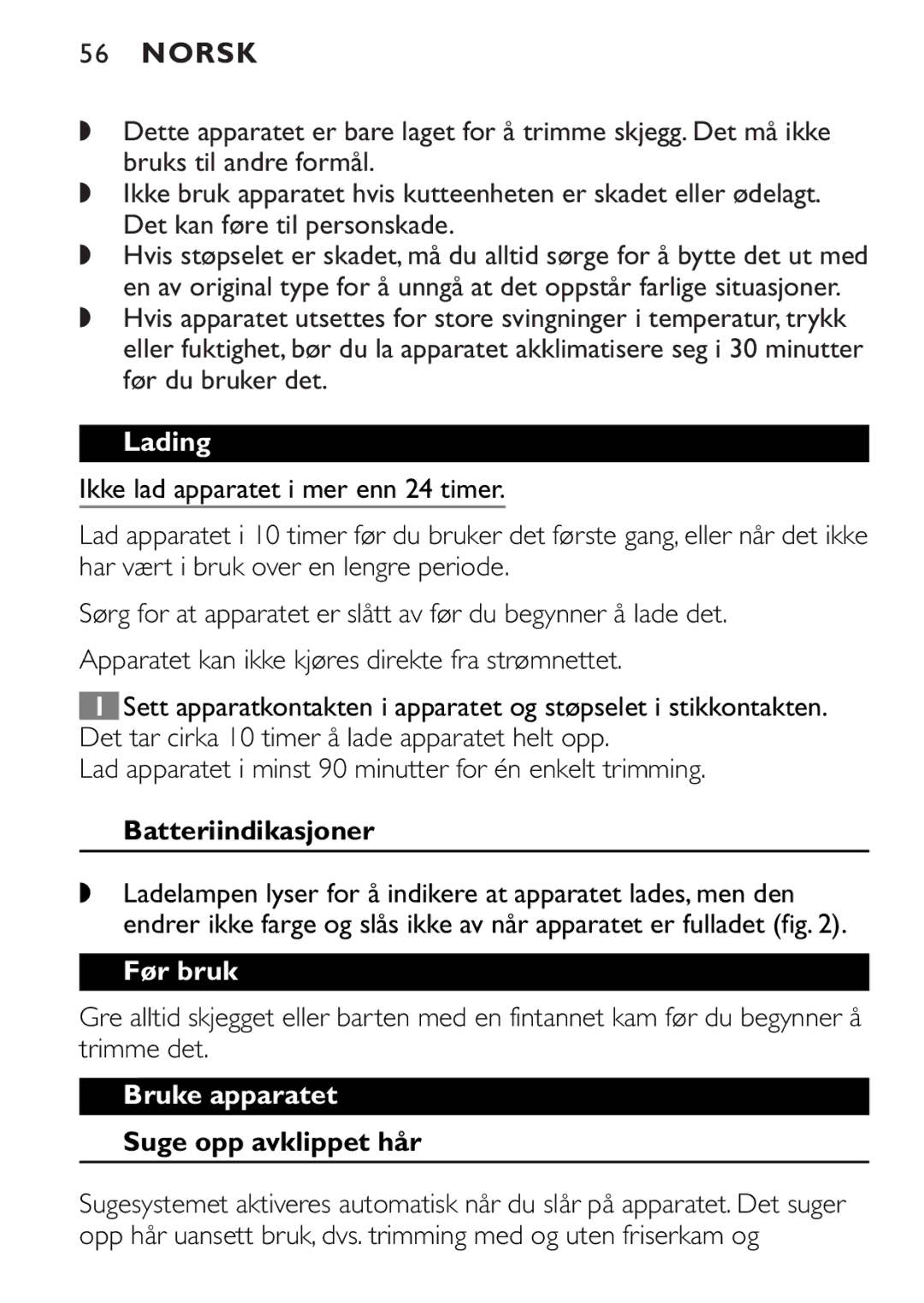 Philips QT4045 manual Norsk, Lading, Før bruk, Bruke apparatet 