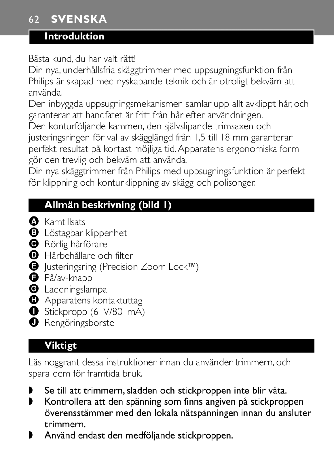 Philips QT4045 manual Svenska, Introduktion, Allmän beskrivning bild, Kamtillsats, Viktigt 