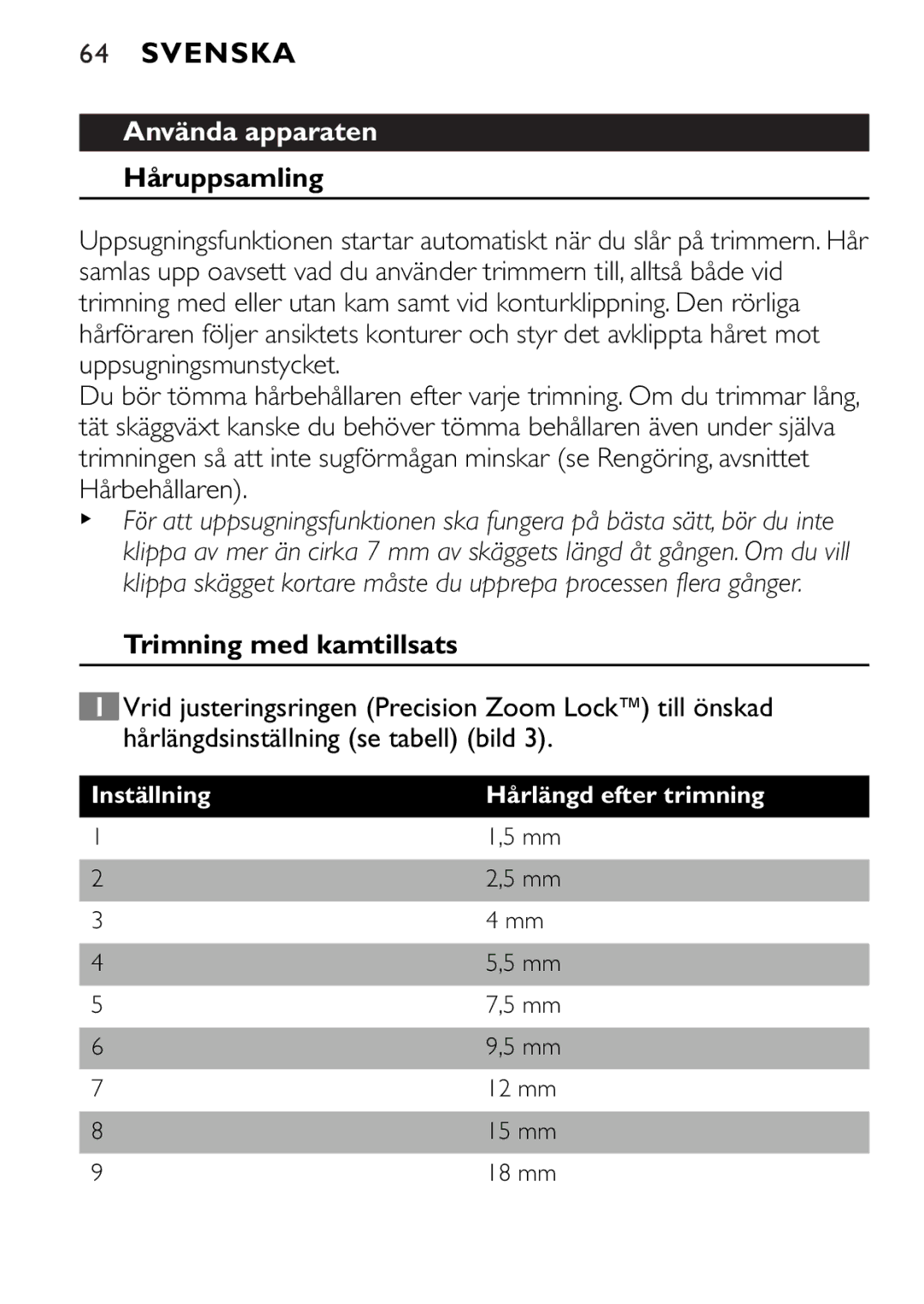 Philips QT4045 manual Använda apparaten, Håruppsamling, Trimning med kamtillsats 