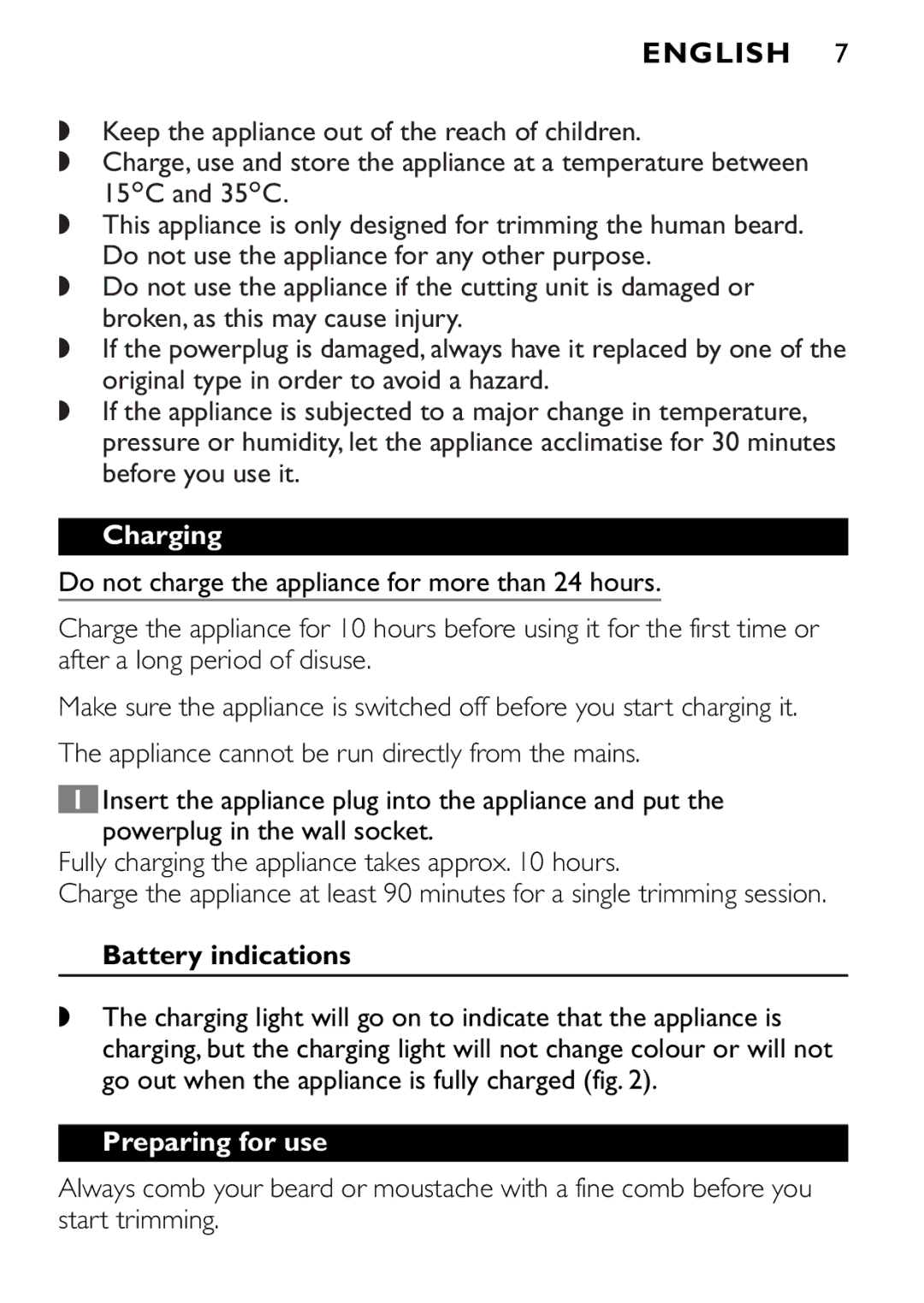 Philips QT4045 manual English, Charging, Battery indications, Preparing for use 