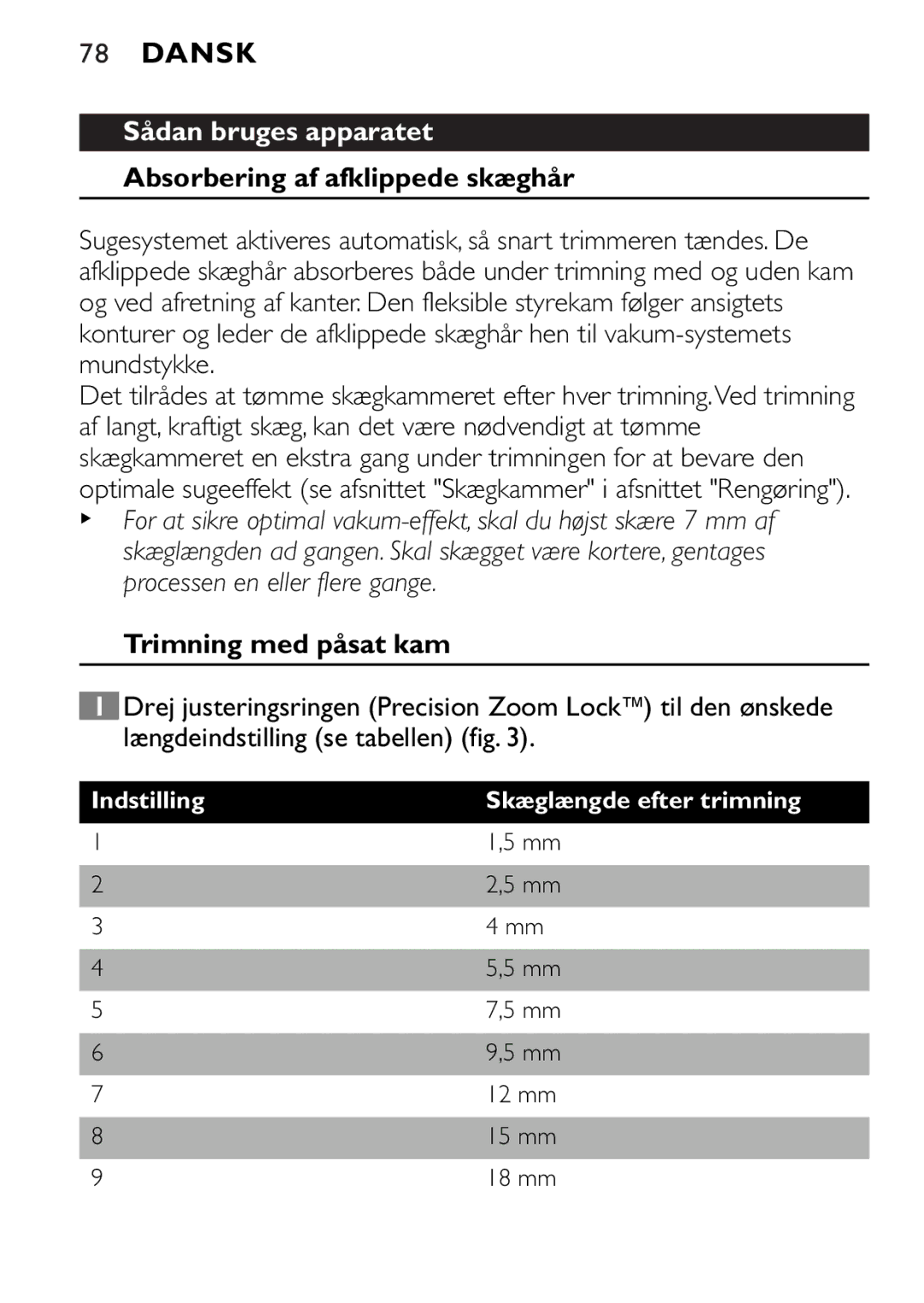 Philips QT4045 manual Sådan bruges apparatet, Absorbering af afklippede skæghår, Trimning med påsat kam 