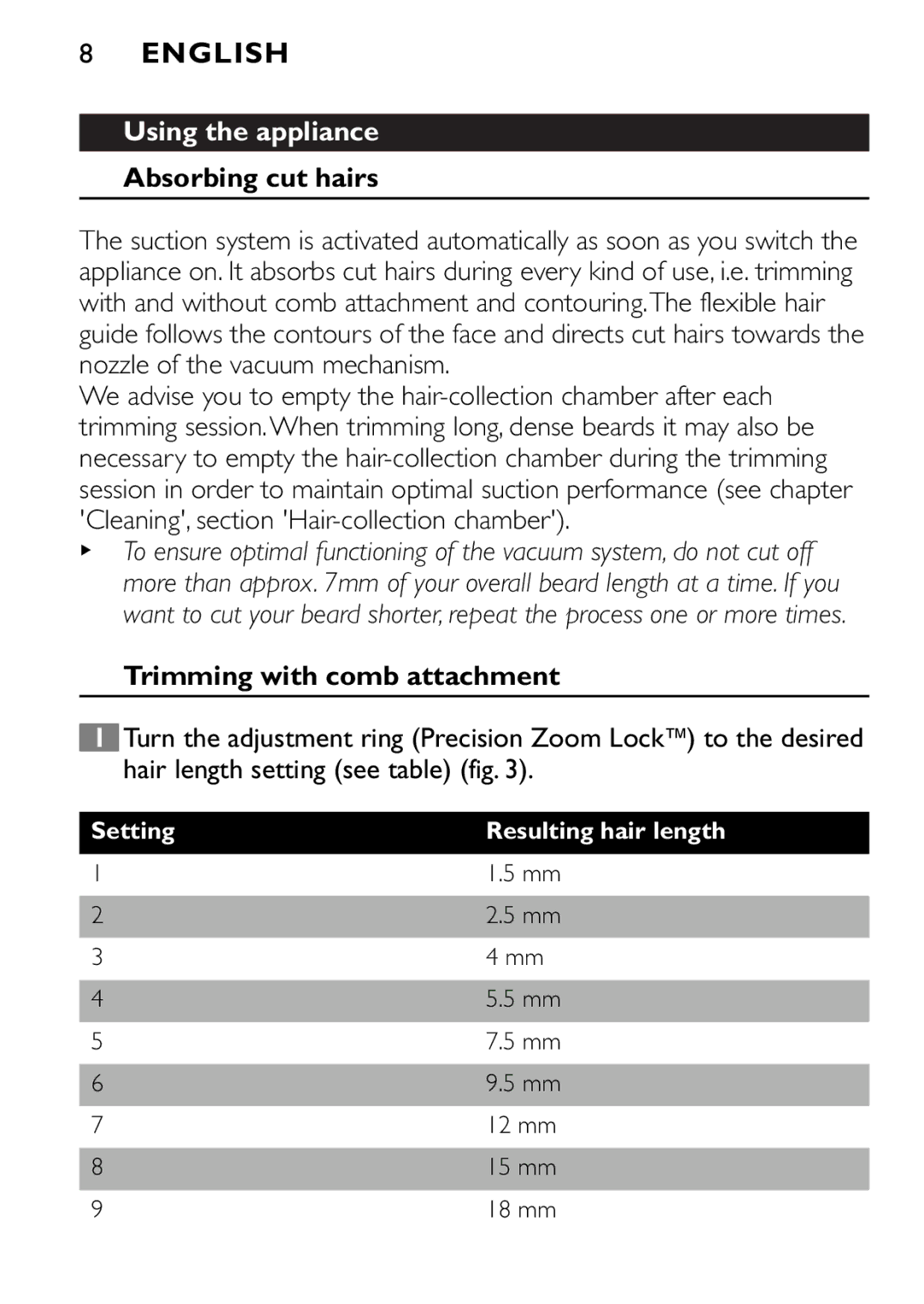 Philips QT4045 manual Using the appliance, Absorbing cut hairs, Trimming with comb attachment 