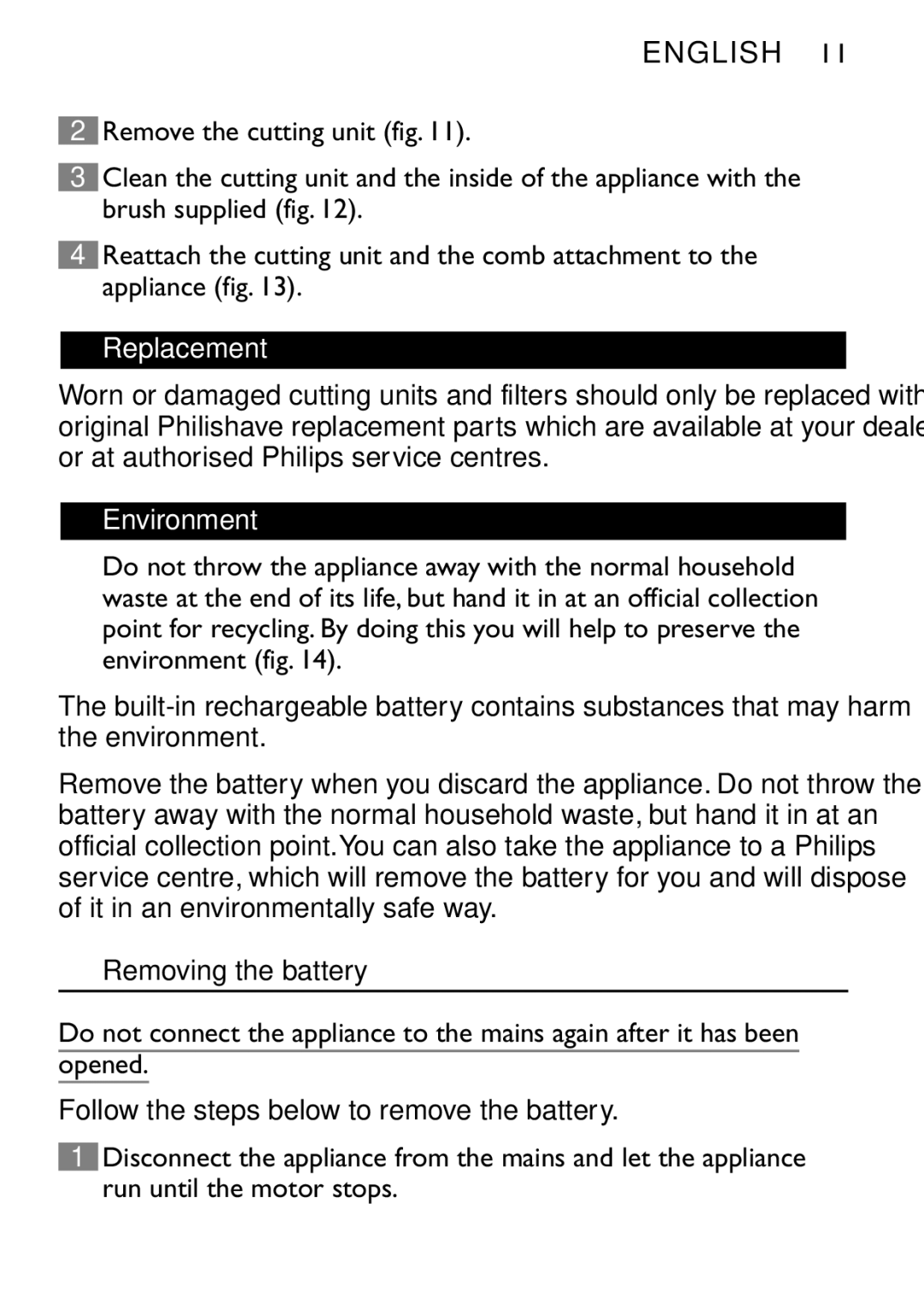 Philips QT4060 manual Replacement, Environment, Removing the battery 