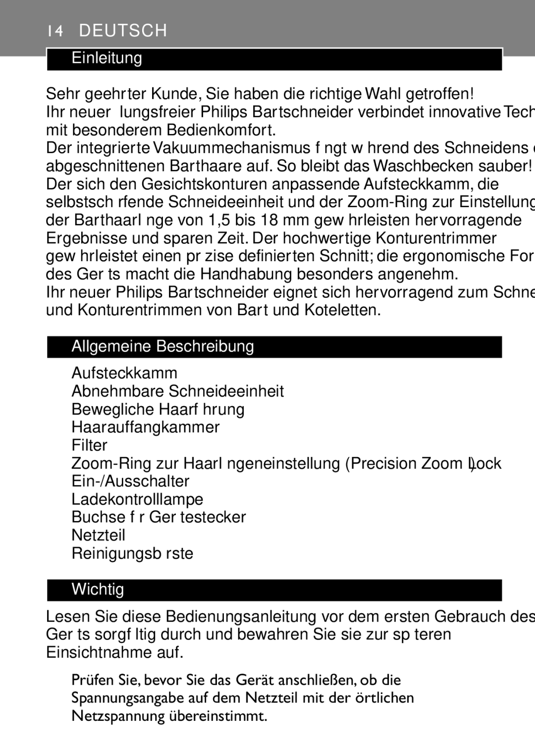 Philips QT4060 manual Einleitung, Allgemeine Beschreibung, Aufsteckkamm, Wichtig 