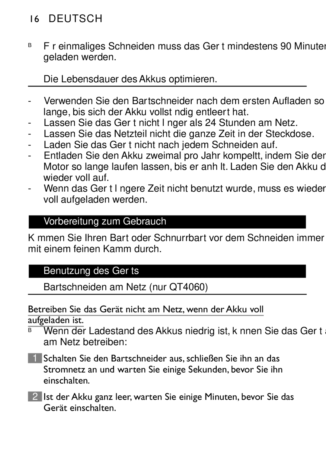 Philips QT4060 manual Die Lebensdauer des Akkus optimieren, Vorbereitung zum Gebrauch, Benutzung des Geräts 