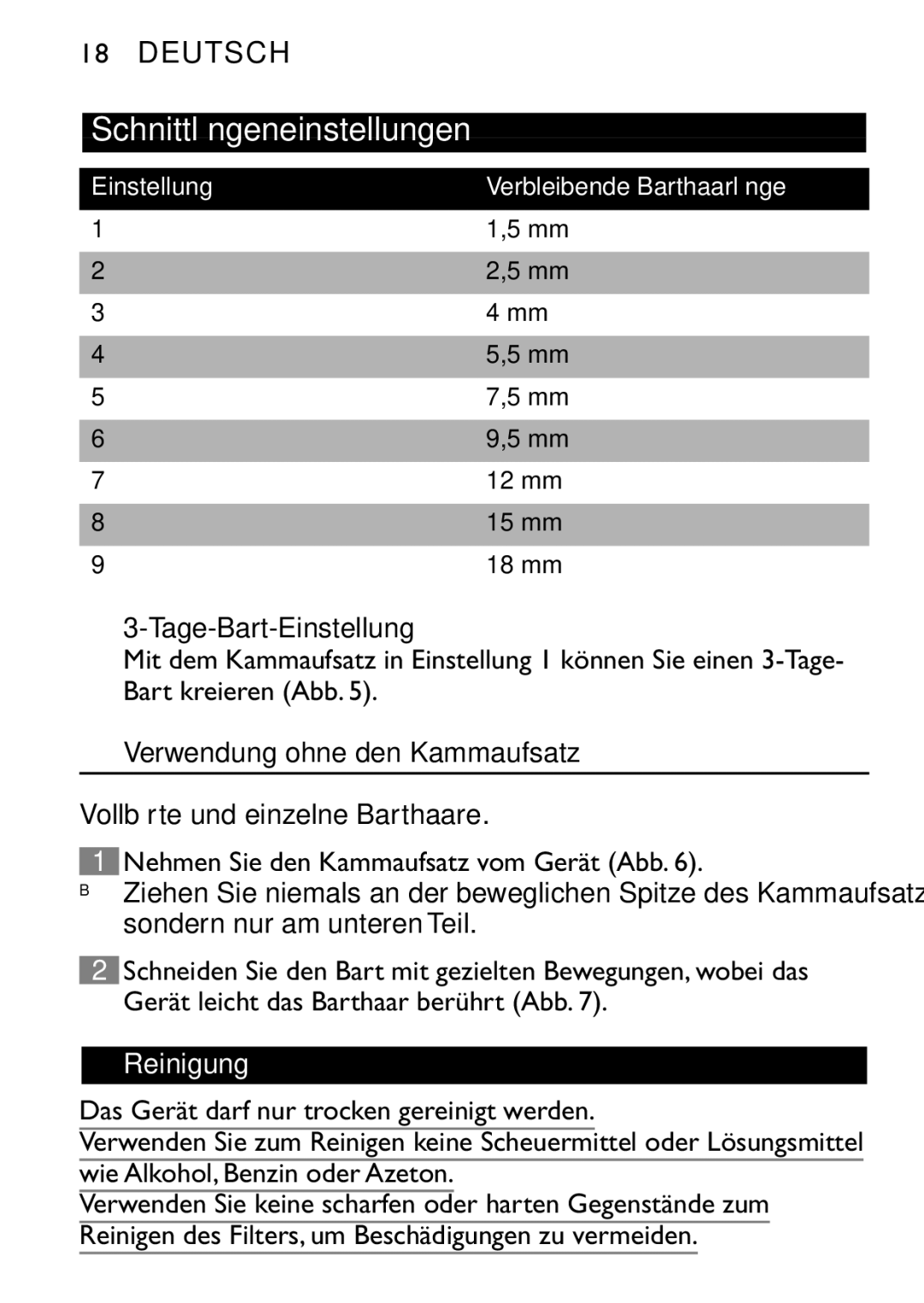 Philips QT4060 manual Tage-Bart-Einstellung, Verwendung ohne den Kammaufsatz, Reinigung 