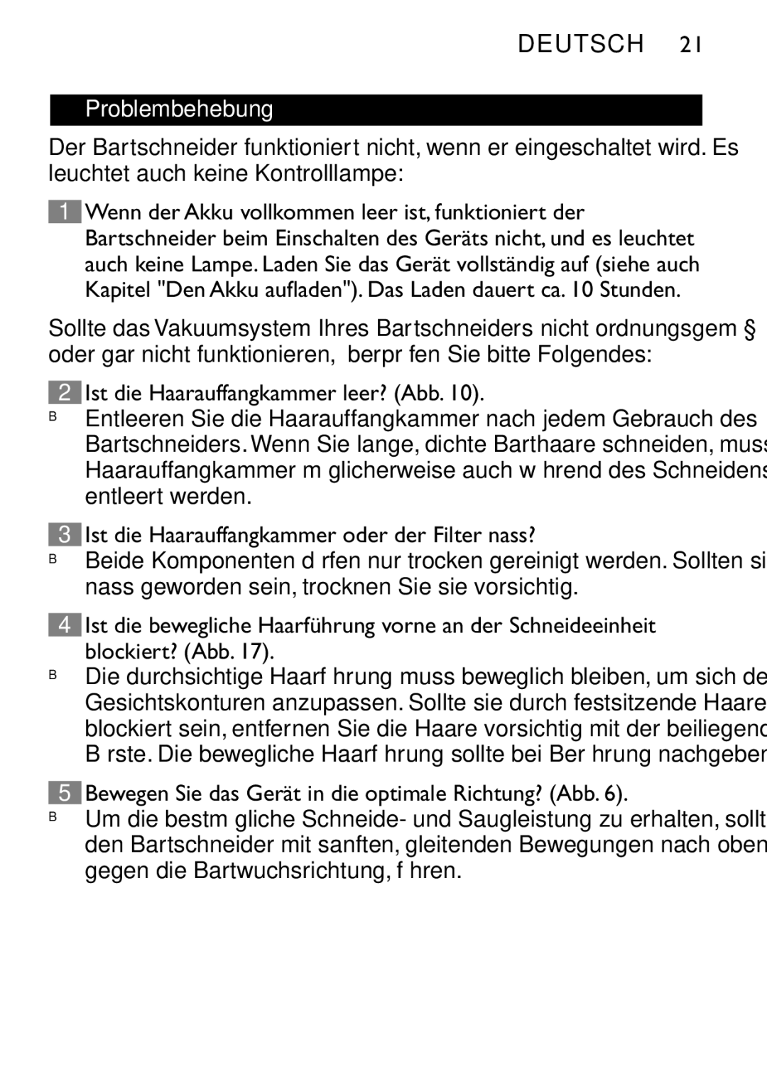 Philips QT4060 manual Problembehebung, Ist die Haarauffangkammer leer? Abb, Ist die Haarauffangkammer oder der Filter nass? 