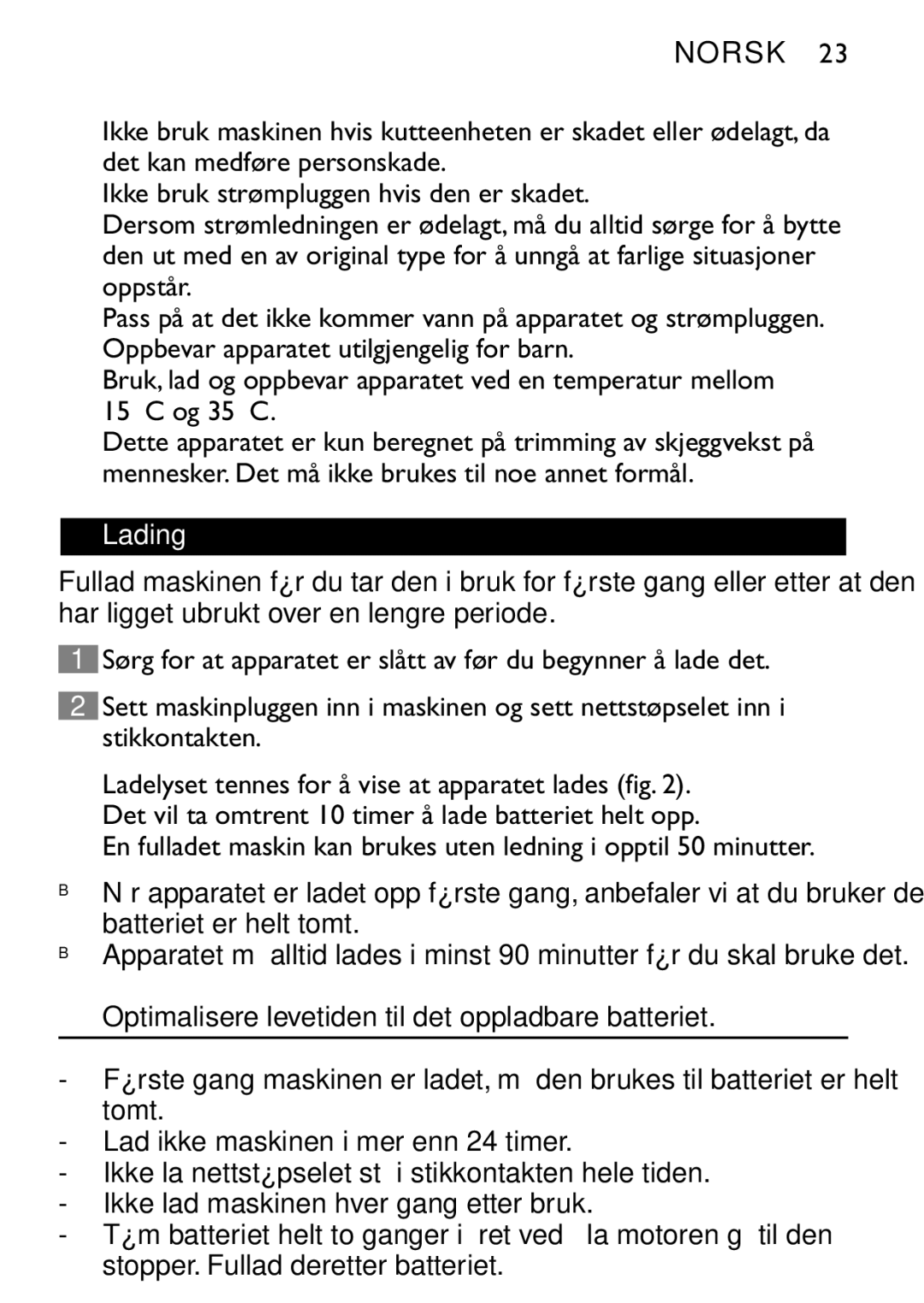 Philips QT4060 manual Lading, Optimalisere levetiden til det oppladbare batteriet 