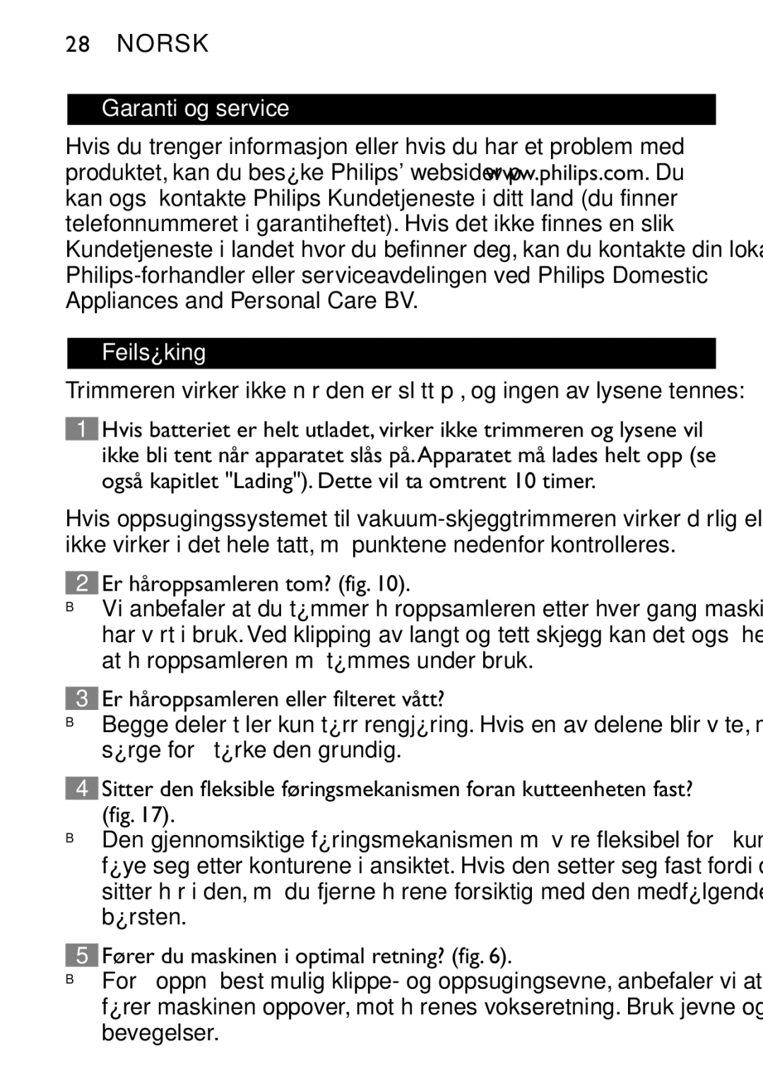 Philips QT4060 manual Garanti og service Feilsøking, Er håroppsamleren tom? fig, Er håroppsamleren eller filteret vått? 