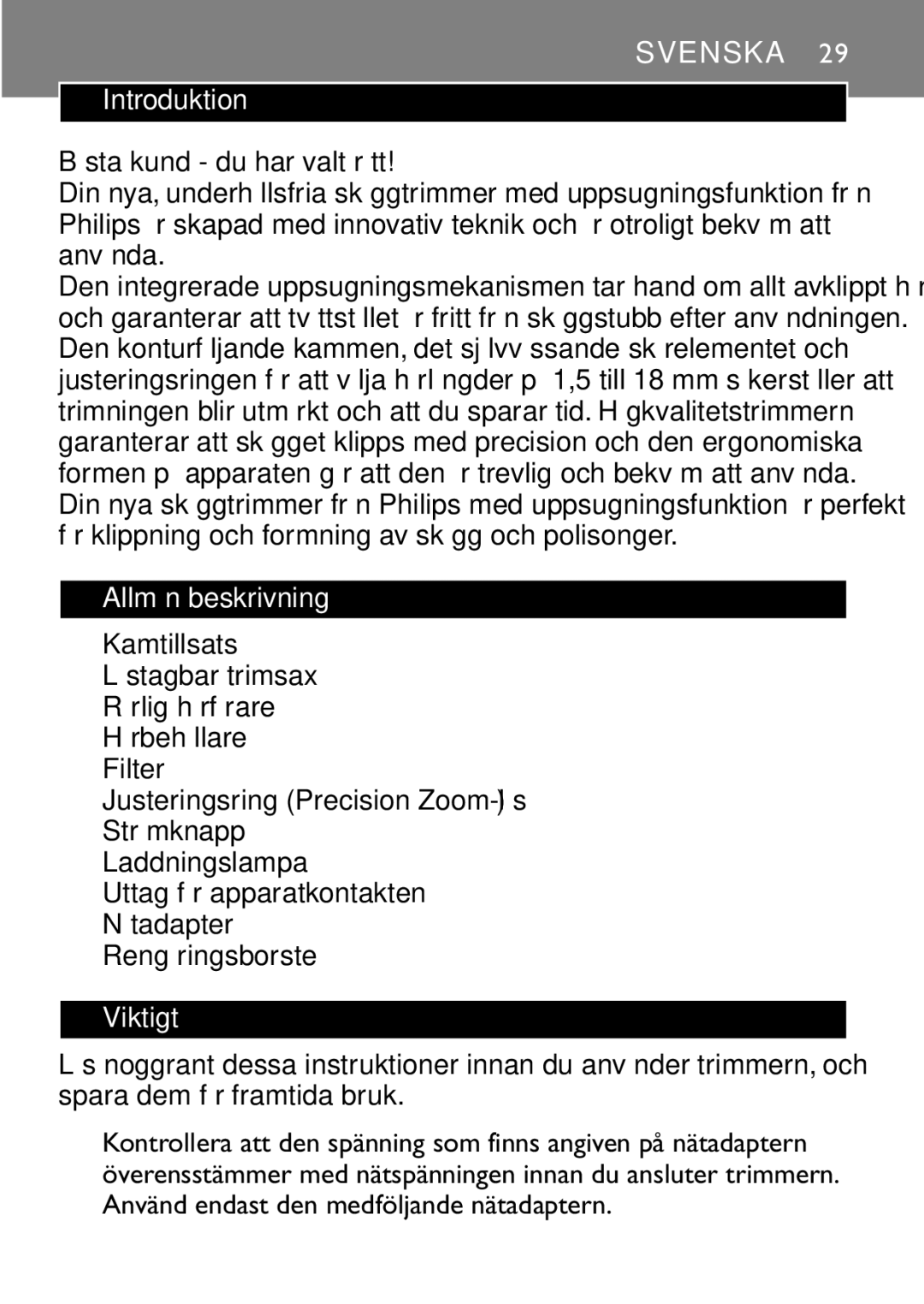 Philips QT4060 manual Introduktion, Allmän beskrivning, Kamtillsats, Viktigt, Använd endast den medföljande nätadaptern 