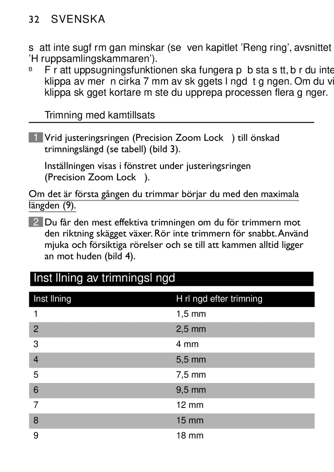 Philips QT4060 manual Inställning av trimningslängd, Trimning med kamtillsats 