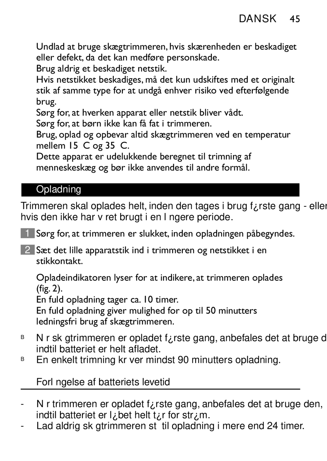 Philips QT4060 manual Opladning, Forlængelse af batteriets levetid 