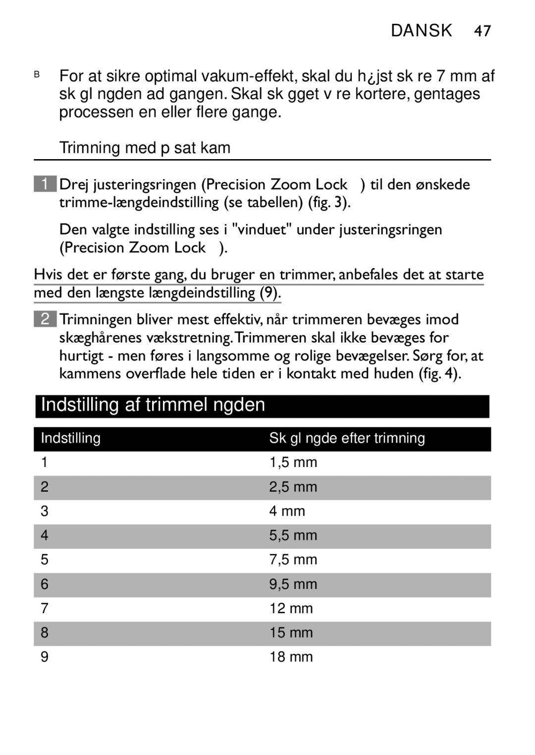 Philips QT4060 manual Trimning med påsat kam, Med den længste længdeindstilling 