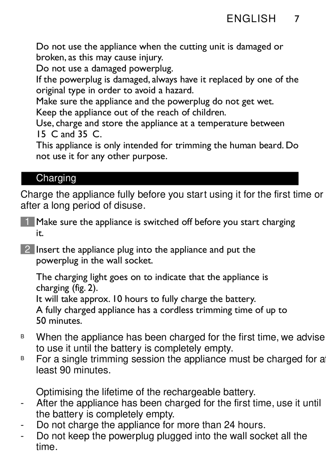 Philips QT4060 manual Charging, Optimising the lifetime of the rechargeable battery 