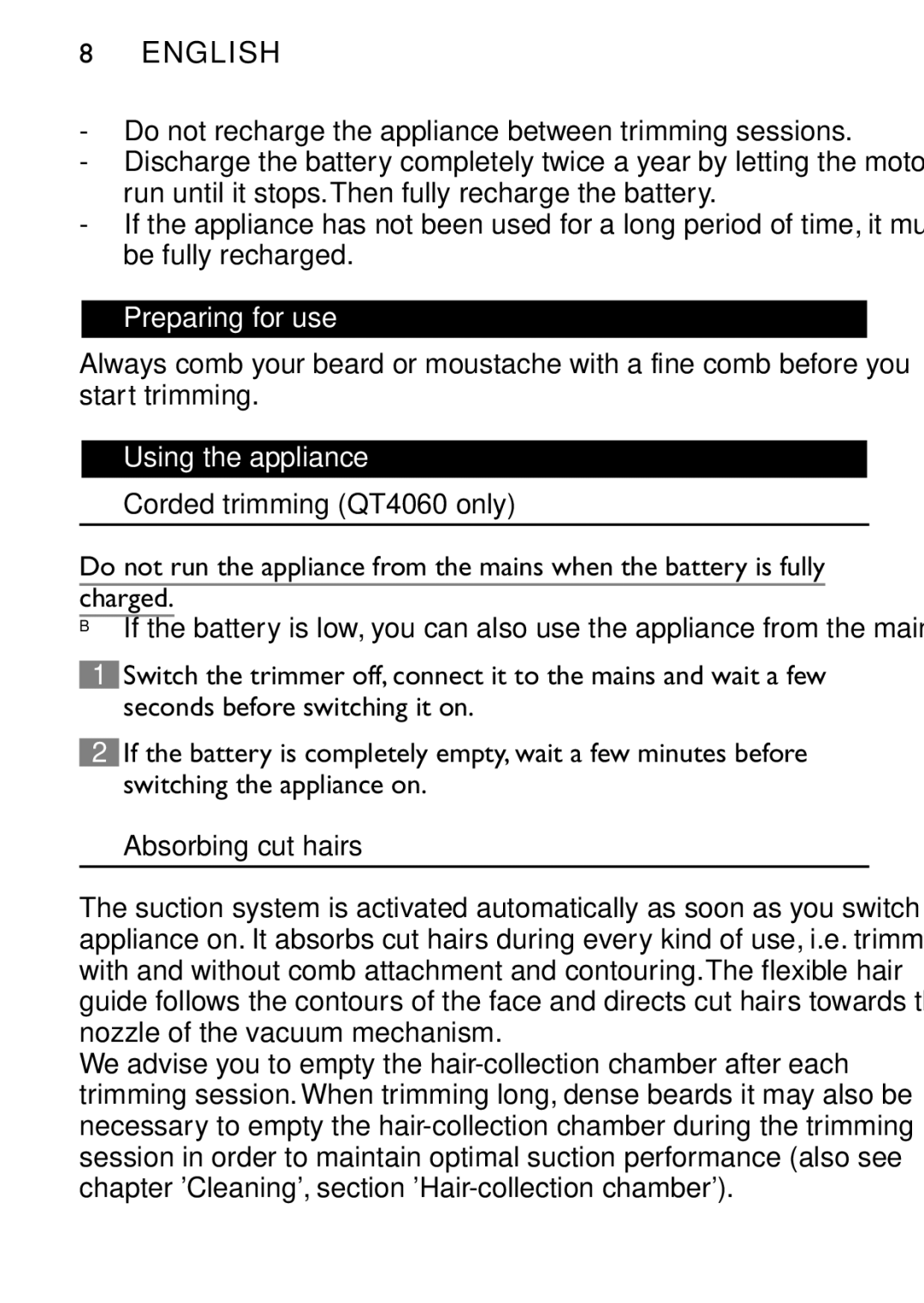 Philips manual Preparing for use, Using the appliance, Corded trimming QT4060 only, Absorbing cut hairs 