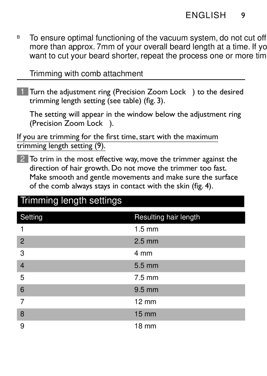 Philips QT4060 manual Trimming length settings, Trimming with comb attachment 