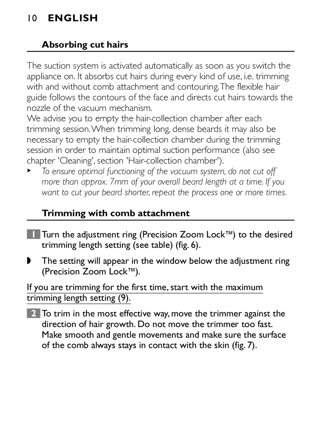 Philips QT4080, QT4040 manual Absorbing cut hairs, Trimming with comb attachment 
