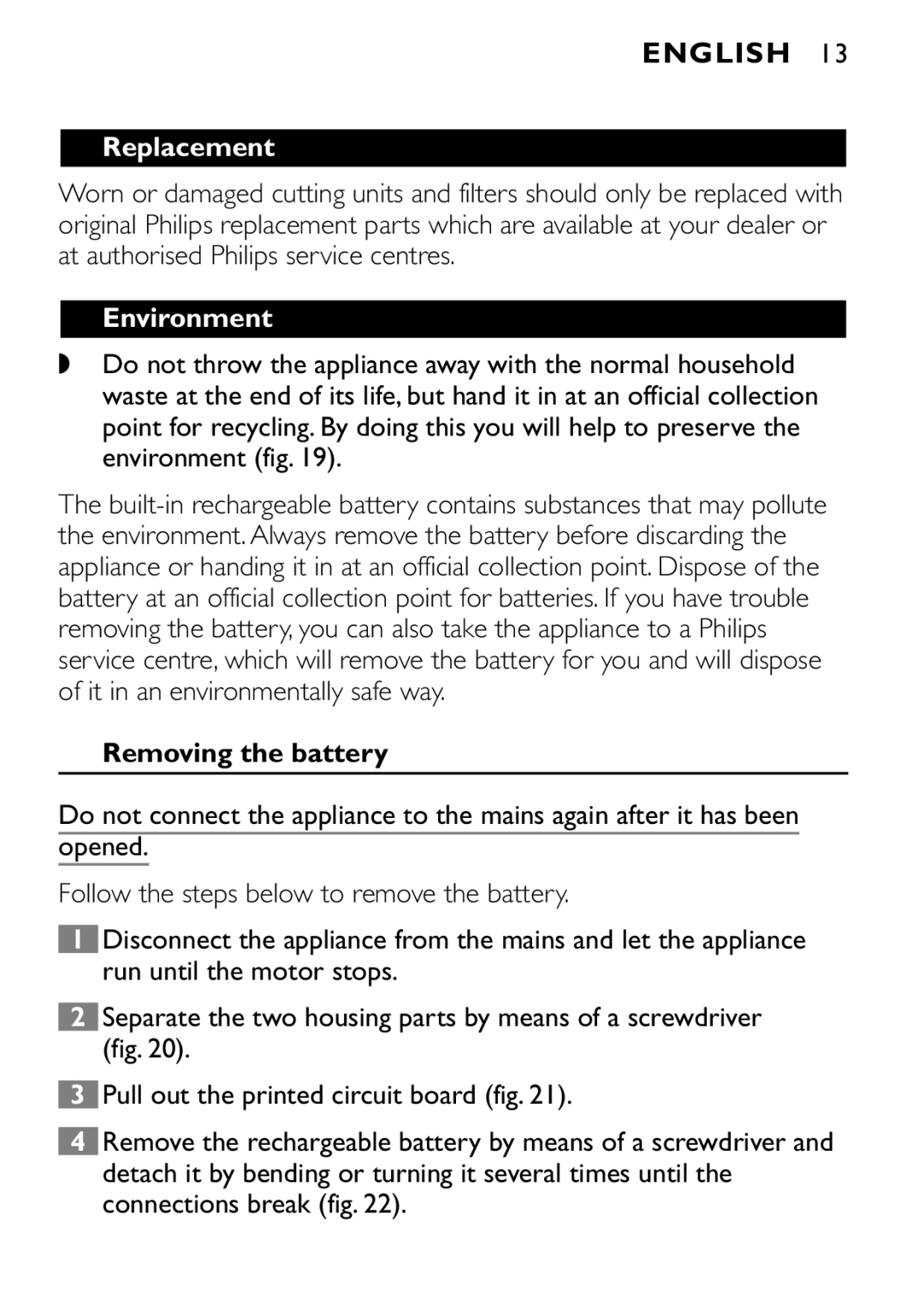 Philips QT4040, QT4080 manual Replacement, Environment, Removing the battery 