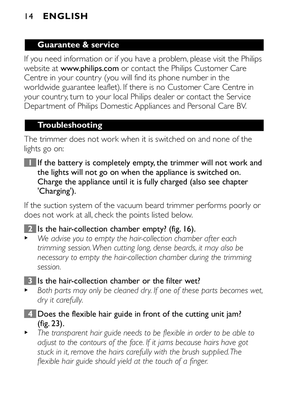 Philips QT4080, QT4040 manual Guarantee & service Troubleshooting, Is the hair-collection chamber or the filter wet? 