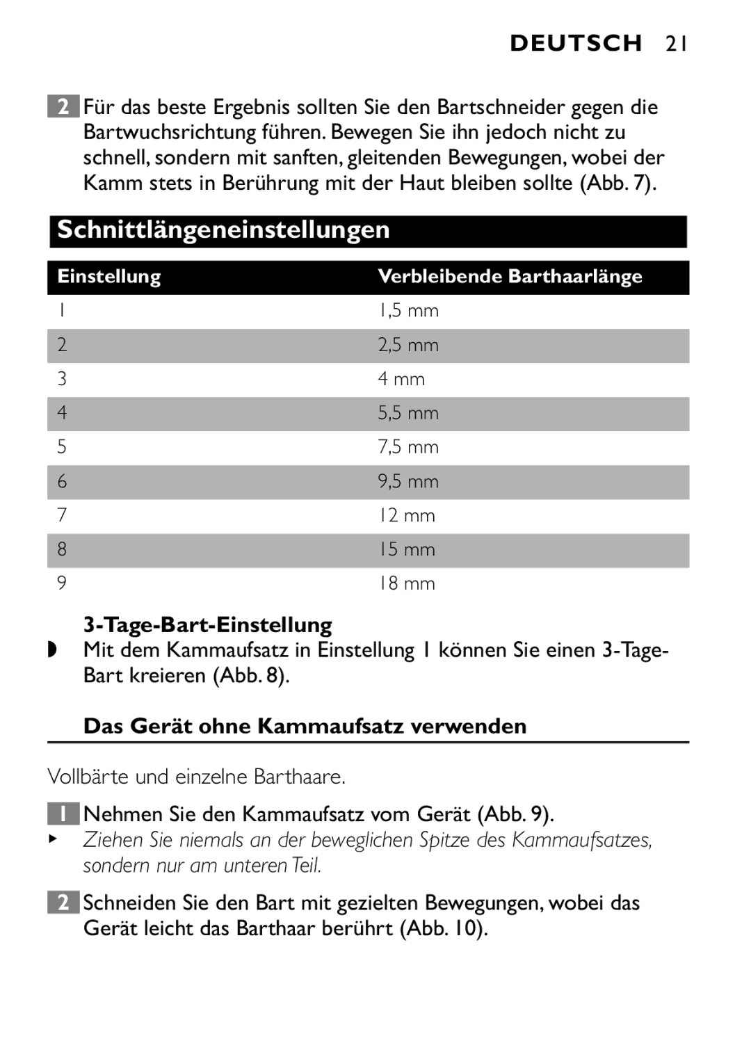 Philips QT4040, QT4080 manual Tage-Bart-Einstellung, Das Gerät ohne Kammaufsatz verwenden 