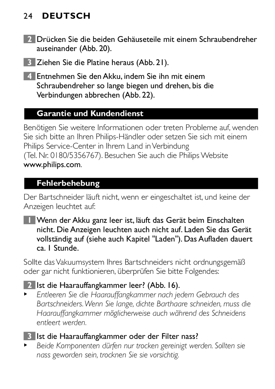 Philips QT4080, QT4040 manual Garantie und Kundendienst, Fehlerbehebung, Ist die Haarauffangkammer leer? Abb 