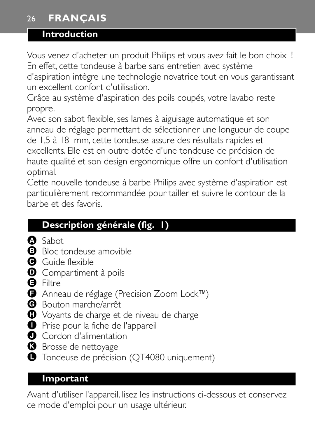 Philips QT4080, QT4040 manual Description générale fig, Sabot 