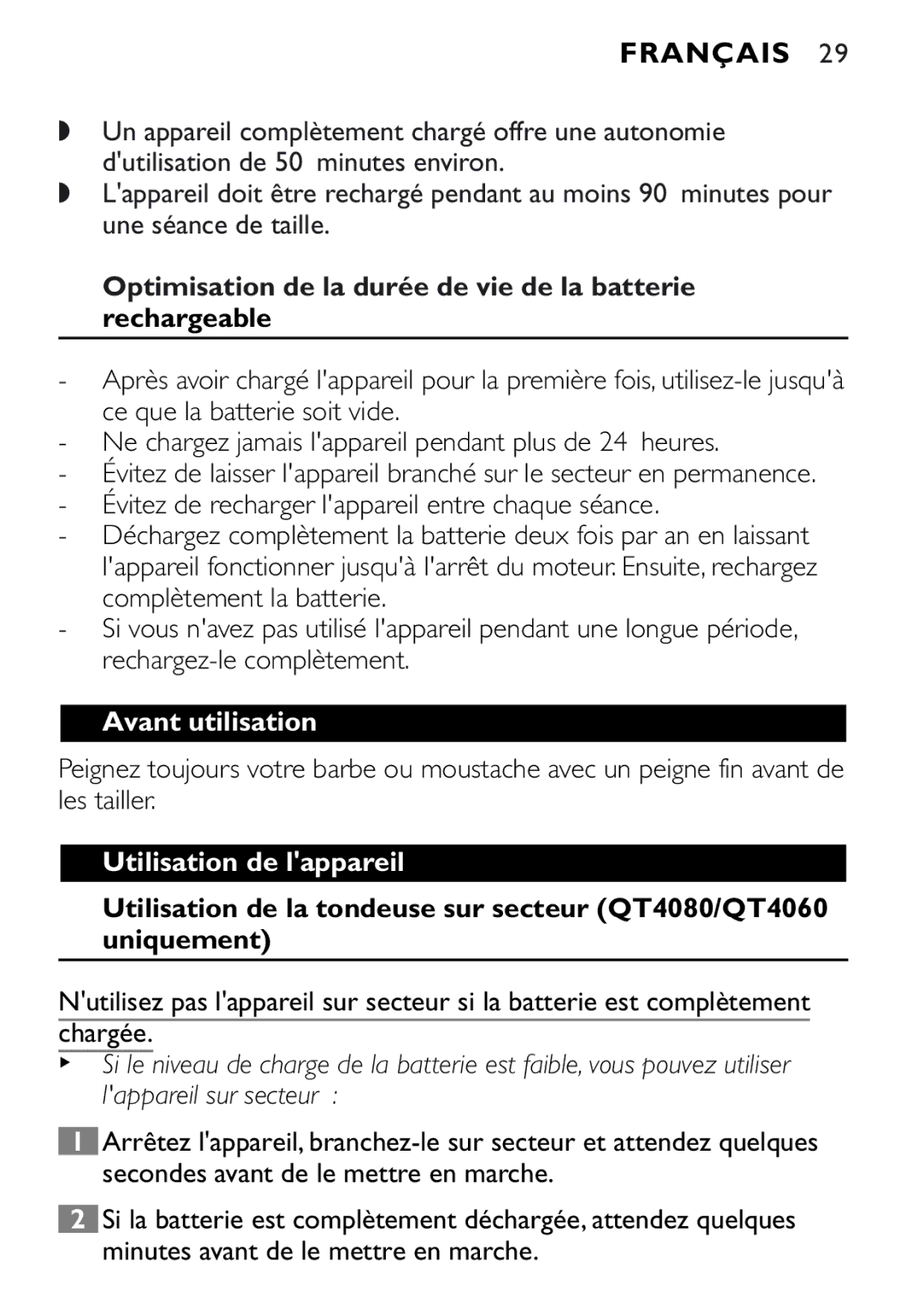 Philips QT4040 Optimisation de la durée de vie de la batterie rechargeable, Avant utilisation, Utilisation de lappareil 