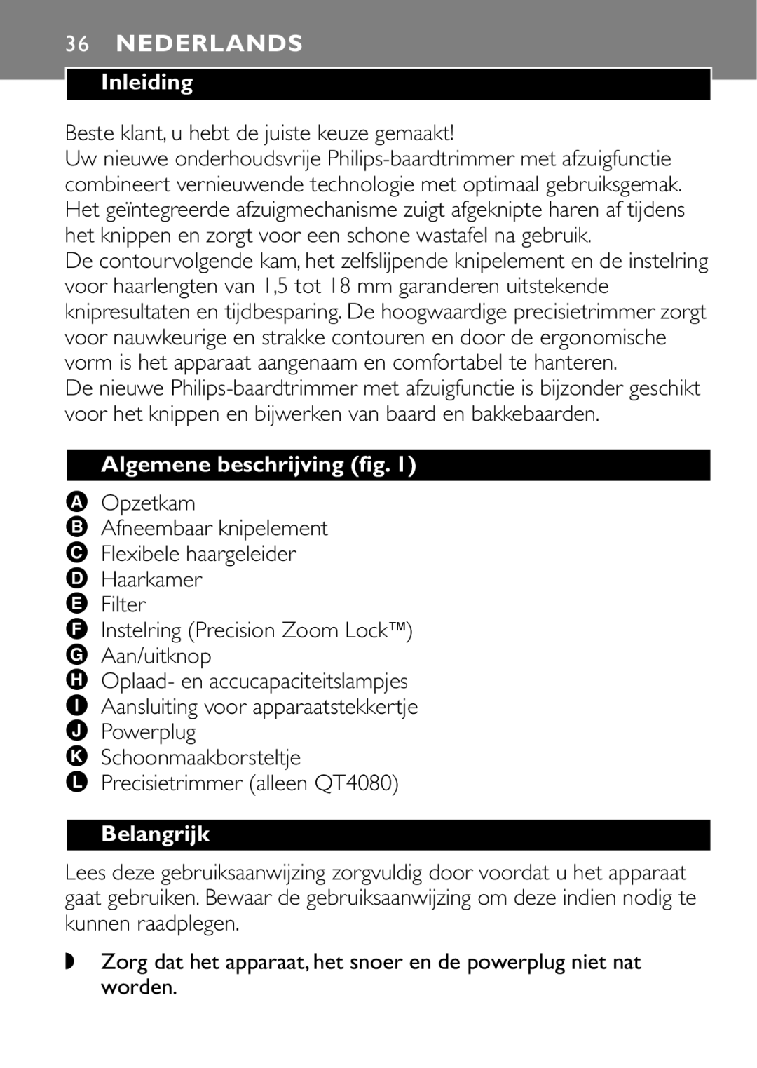 Philips QT4080, QT4040 manual Inleiding, Algemene beschrijving fig, Belangrijk 