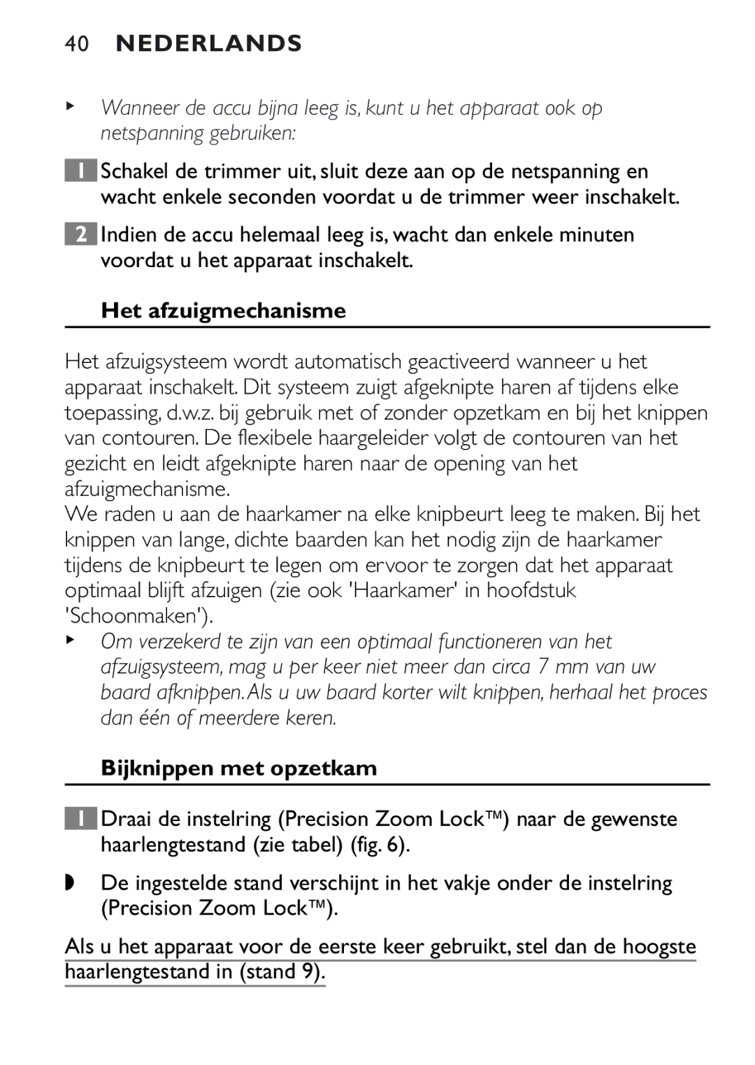 Philips QT4080, QT4040 manual Het afzuigmechanisme, Bijknippen met opzetkam, Haarlengtestand in stand 