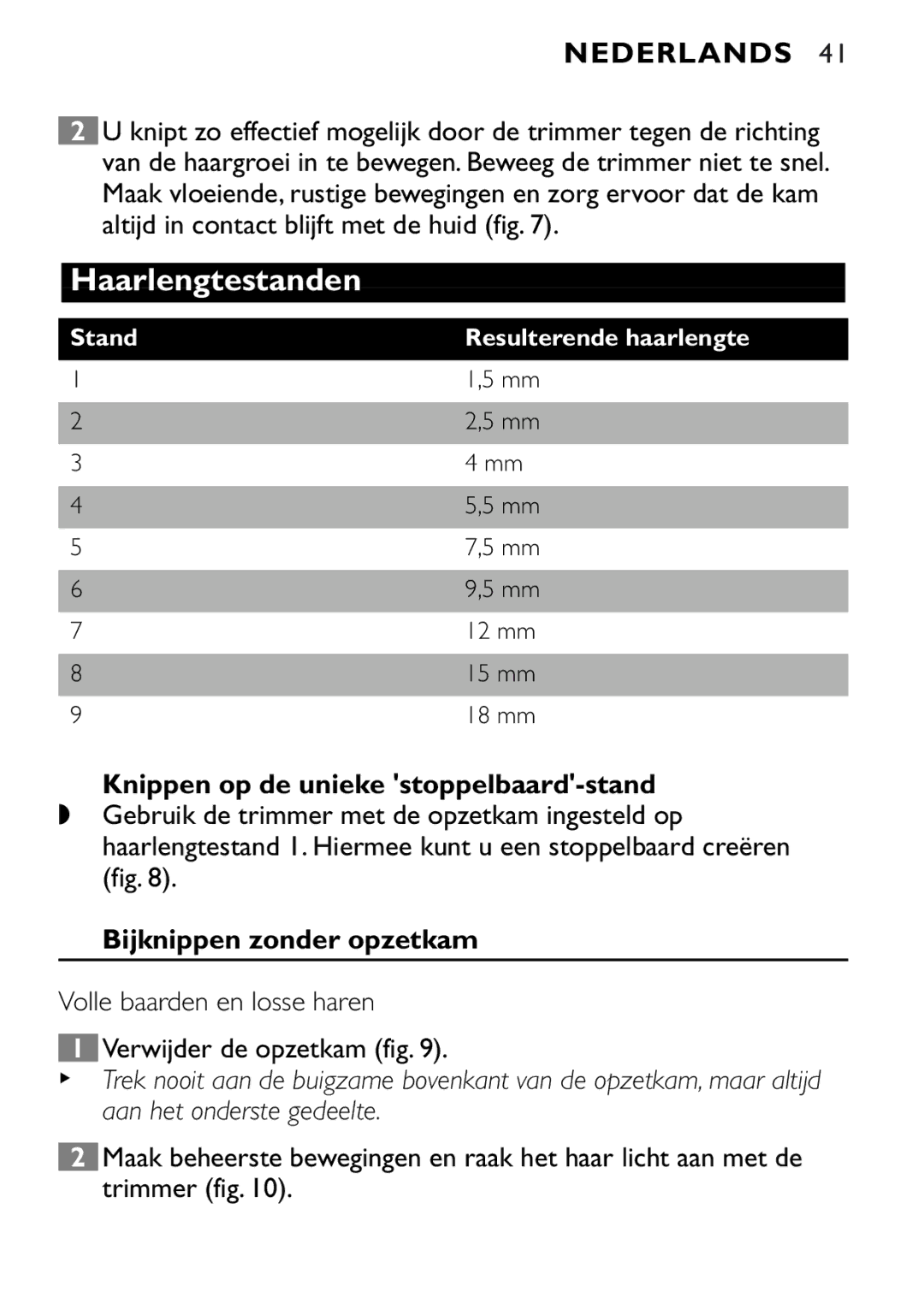 Philips QT4040, QT4080 manual Knippen op de unieke stoppelbaard-stand, Bijknippen zonder opzetkam 