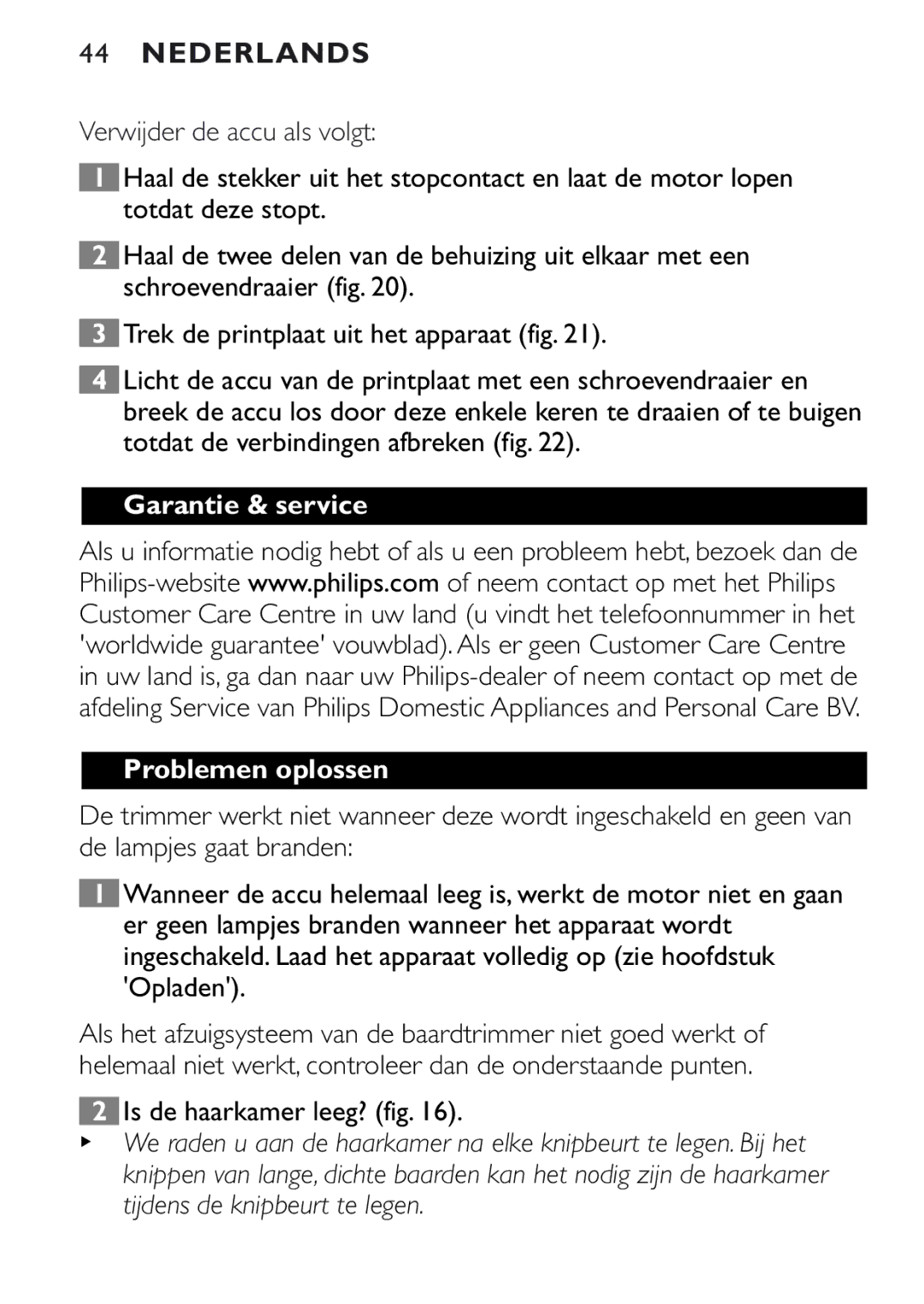 Philips QT4080, QT4040 manual Garantie & service Problemen oplossen, Is de haarkamer leeg? fig 