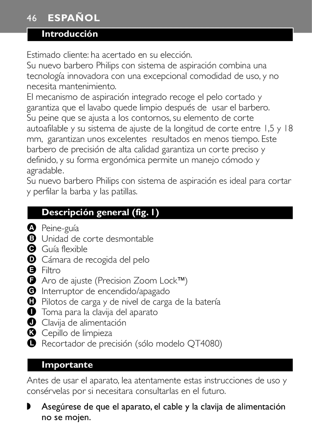 Philips QT4040 manual Introducción, Descripción general fig, Recortador de precisión sólo modelo QT4080, Importante 