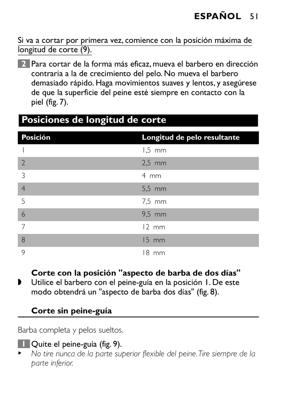 Philips QT4040, QT4080 manual Corte con la posición aspecto de barba de dos días, Corte sin peine-guía 