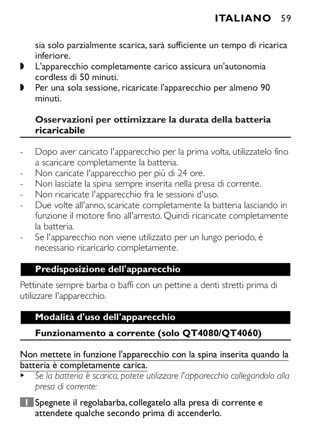 Philips QT4040 Predisposizione dellapparecchio, Modalità duso dellapparecchio, Funzionamento a corrente solo QT4080/QT4060 