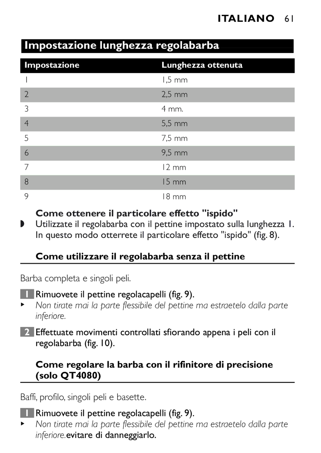 Philips QT4040, QT4080 manual Come ottenere il particolare effetto ispido, Come utilizzare il regolabarba senza il pettine 