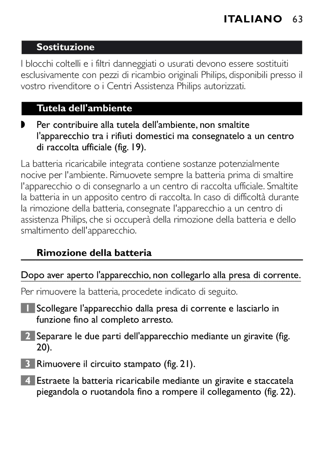 Philips QT4040, QT4080 manual Sostituzione, Tutela dellambiente, Rimozione della batteria 