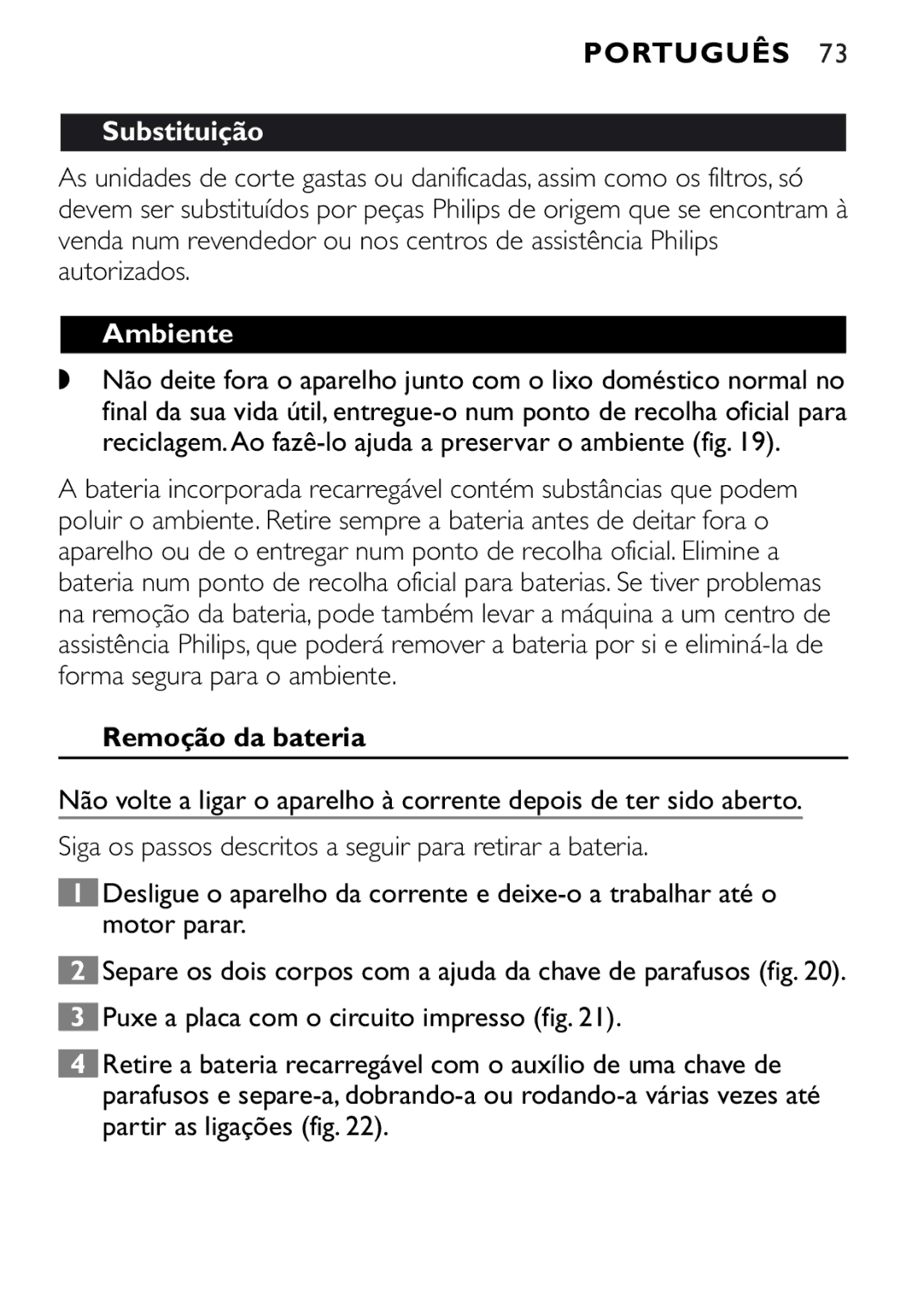 Philips QT4040, QT4080 manual Substituição, Ambiente, Remoção da bateria 