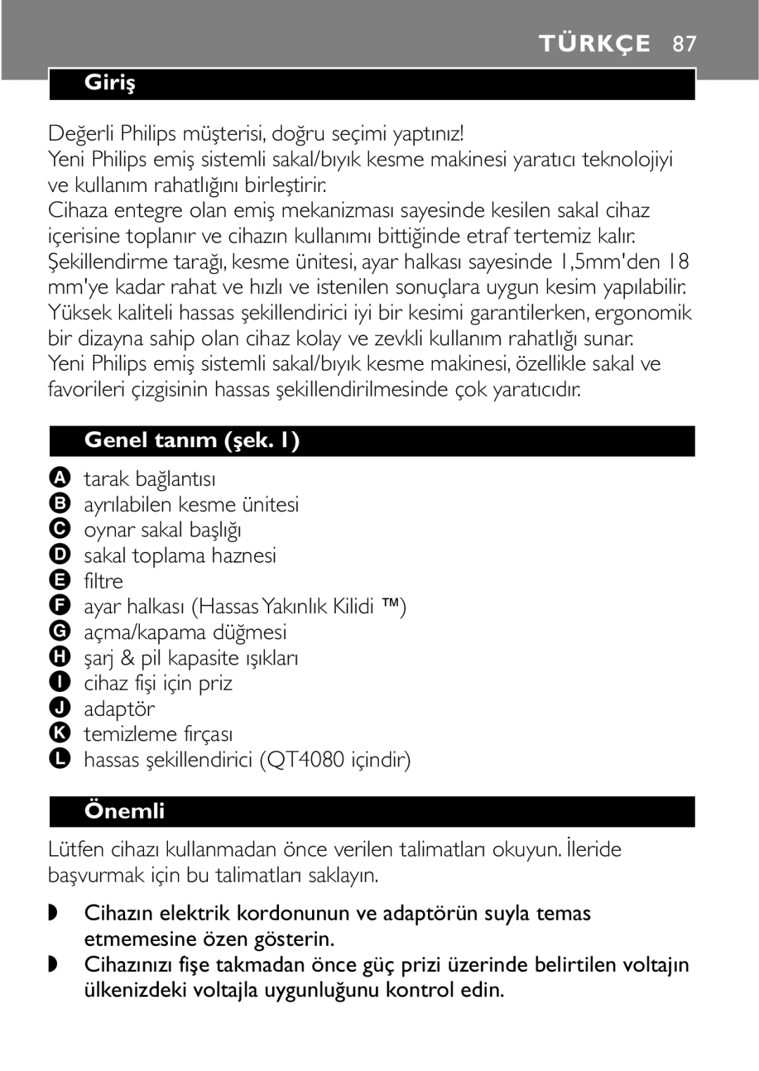 Philips QT4040, QT4080 manual Giriş, Genel tanım şek, Tarak bağlantısı, Önemli 