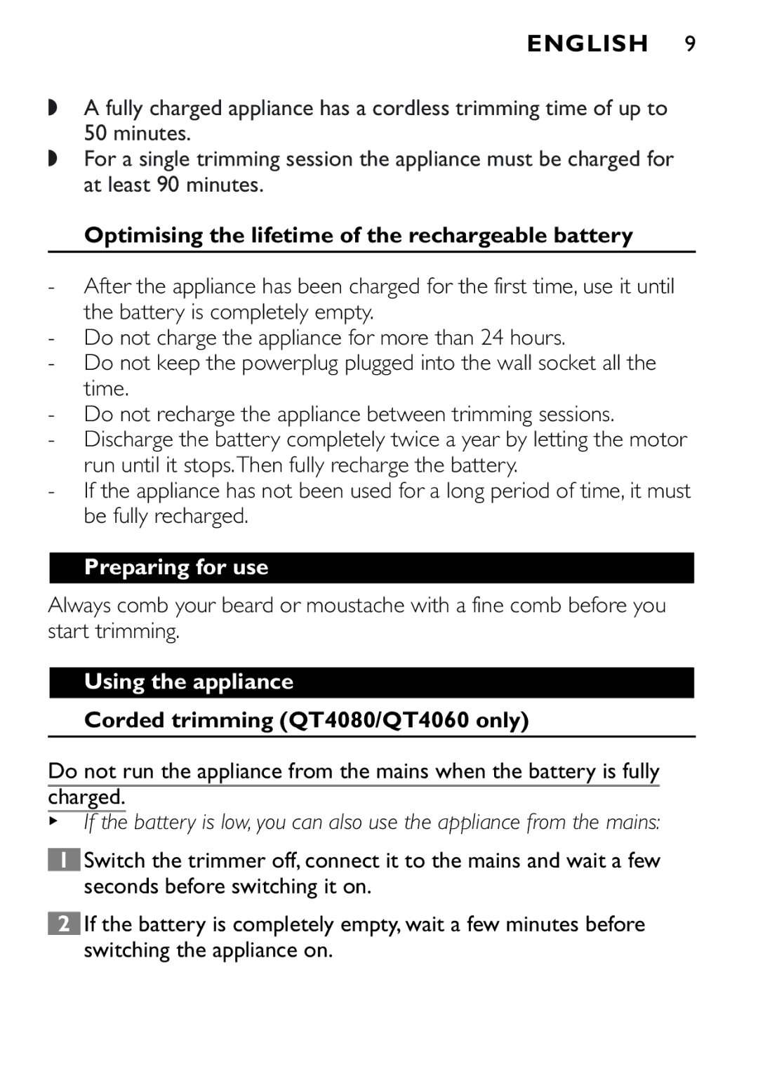 Philips QT4040, QT4080 manual Optimising the lifetime of the rechargeable battery, Preparing for use, Using the appliance 