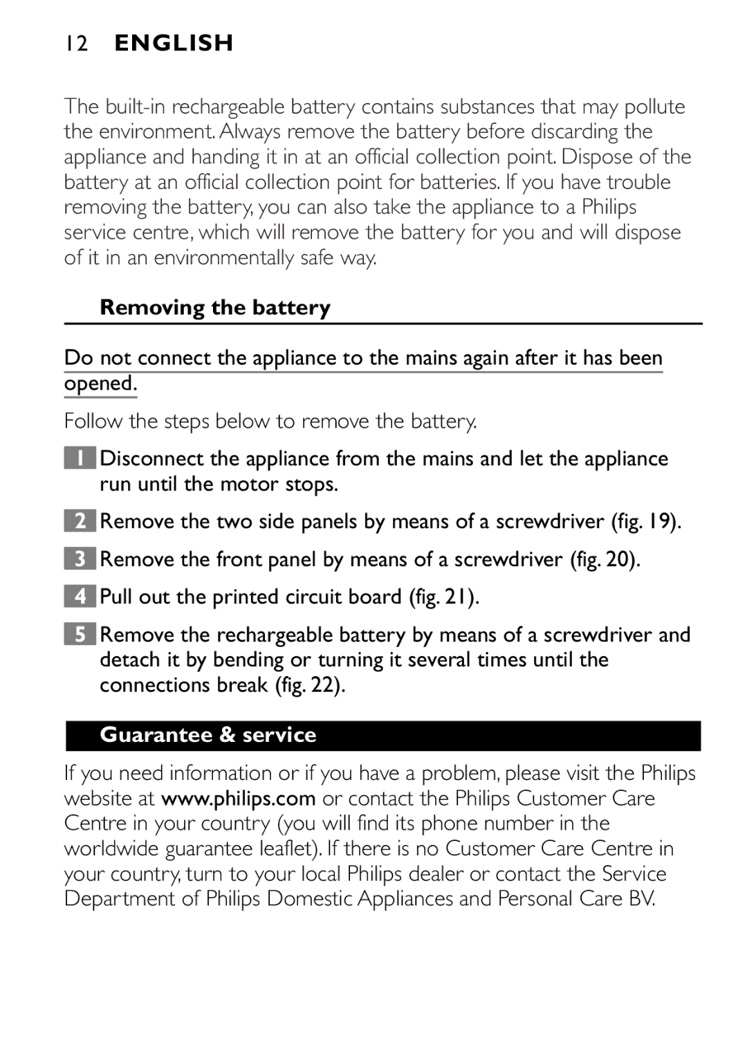 Philips QT4085 manual Removing the battery, Guarantee & service 