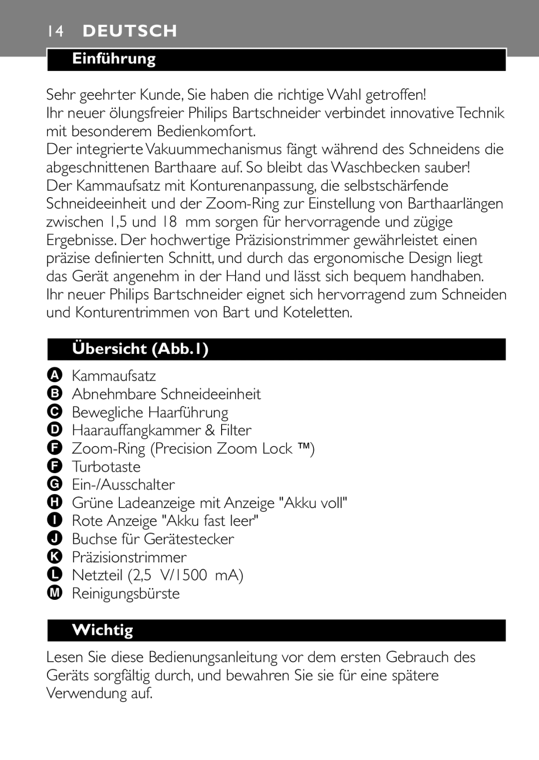 Philips QT4085 manual Deutsch, Einführung, Übersicht Abb.1, Wichtig 