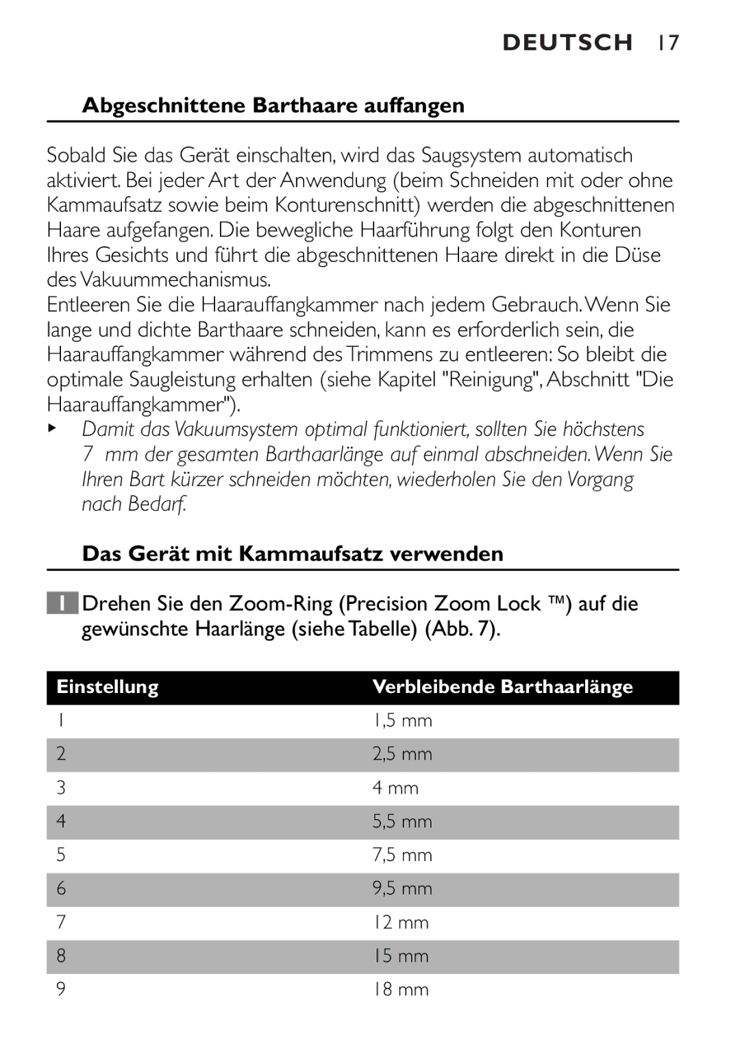 Philips QT4085 manual Abgeschnittene Barthaare auffangen, Das Gerät mit Kammaufsatz verwenden 